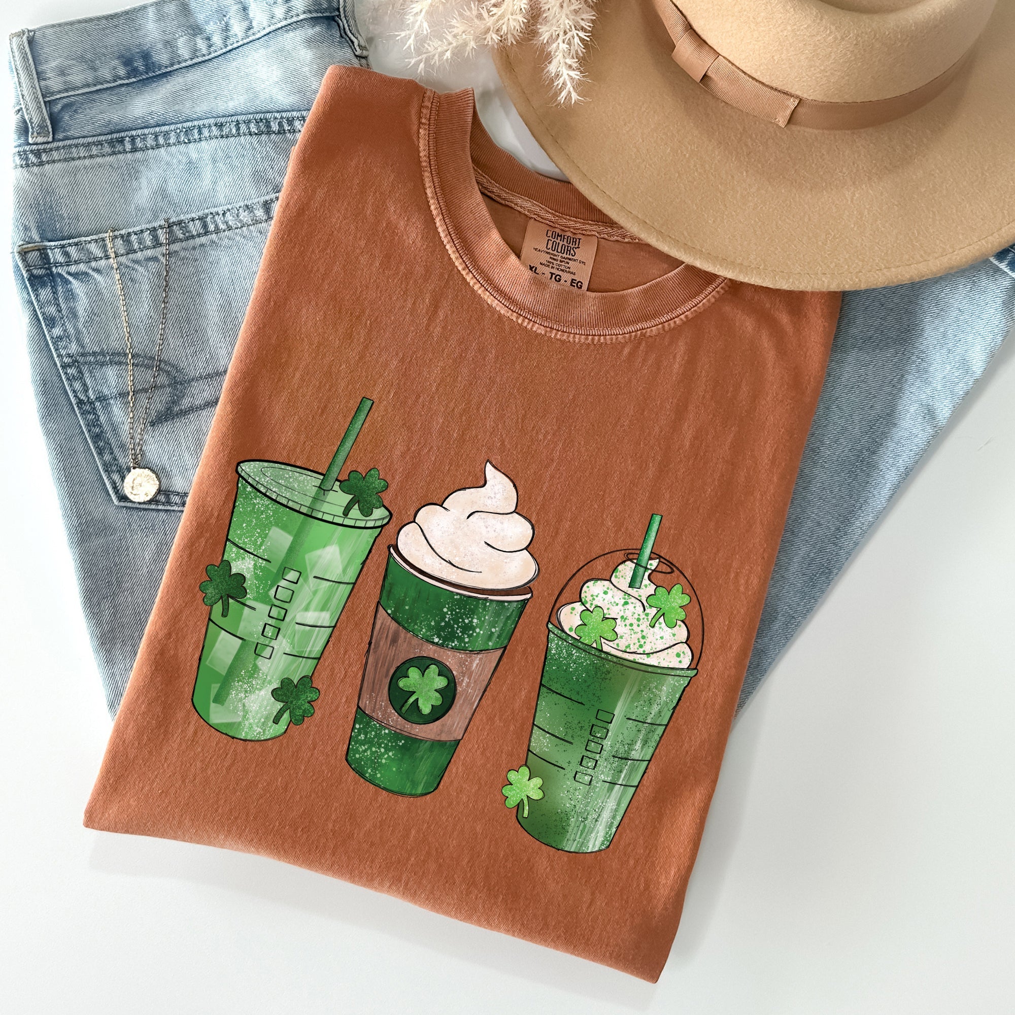 Iced Coffees, Drinks, Shamrocks St Patrick's Day Vintage Style Edition Comfort Colors Tee