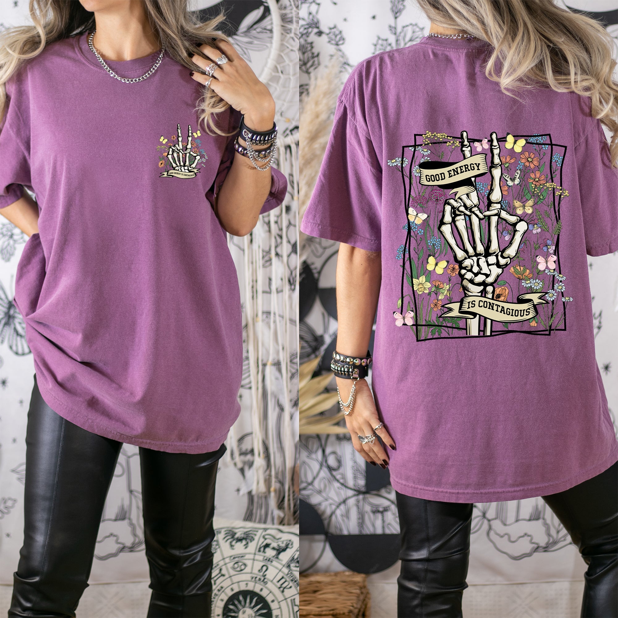 Good Energy Is Contagious, Skeleton, Butterfly Graphic Illustration Comfort Colors Tee