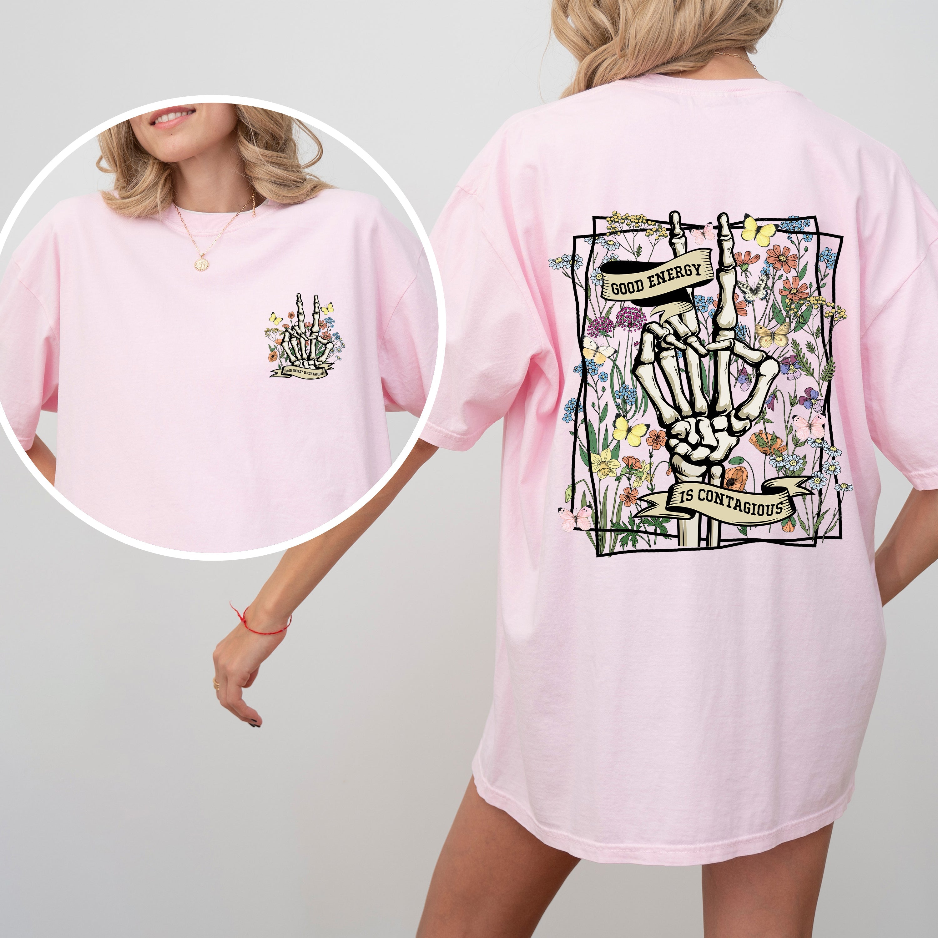 Good Energy Is Contagious, Skeleton, Butterfly Graphic Illustration Comfort Colors Tee