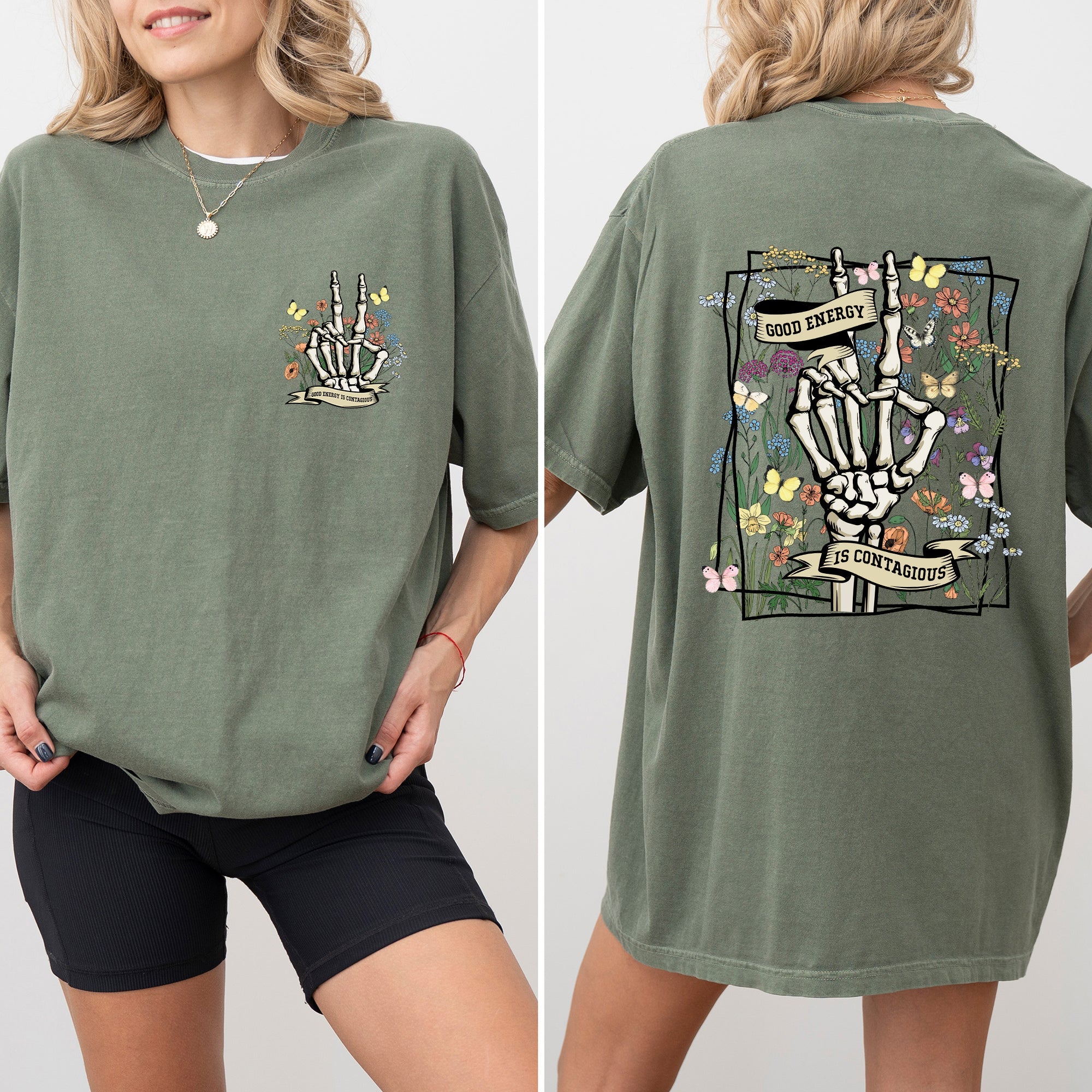 Good Energy Is Contagious, Skeleton, Butterfly Graphic Illustration Comfort Colors Tee