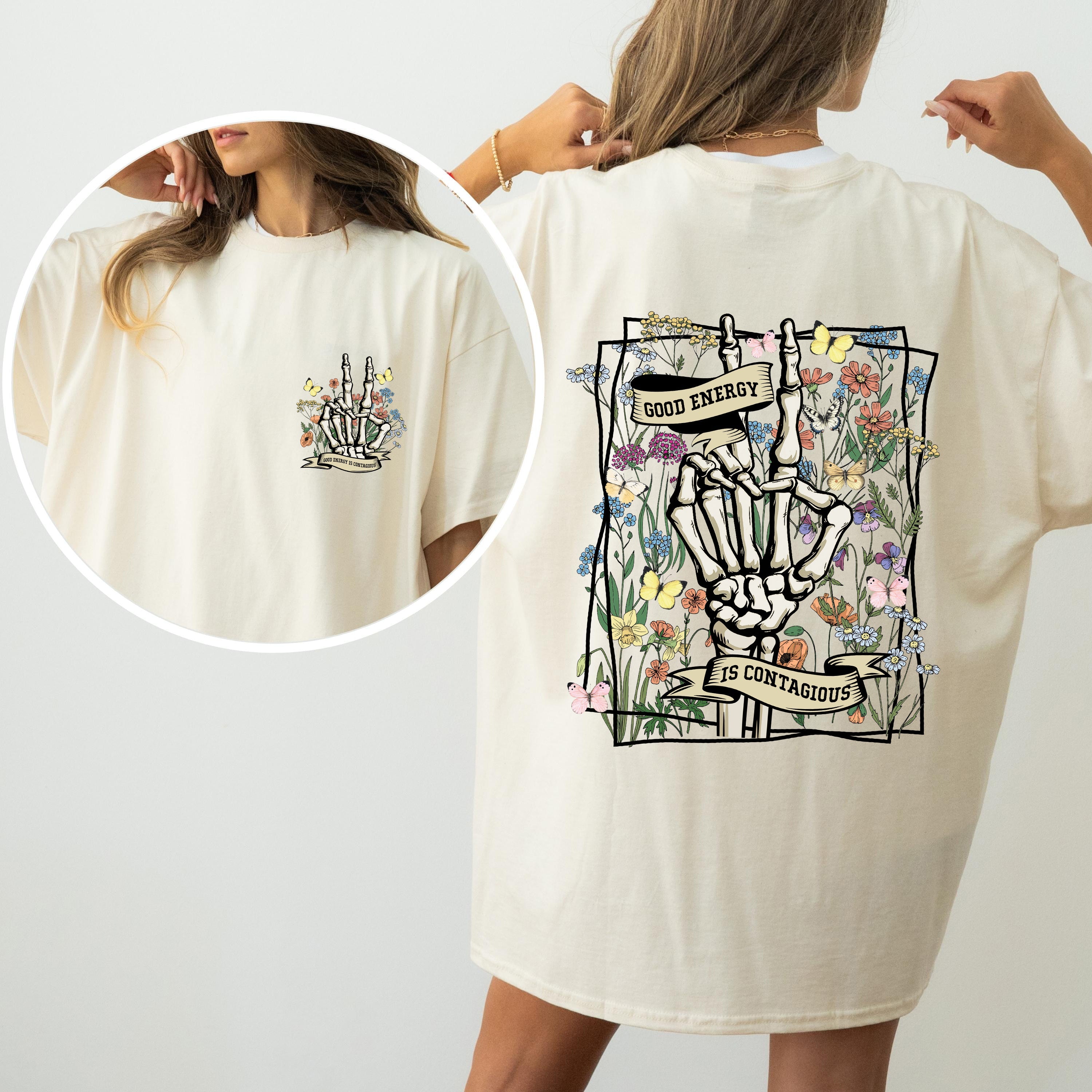 Good Energy Is Contagious, Skeleton, Butterfly Graphic Illustration Comfort Colors Tee
