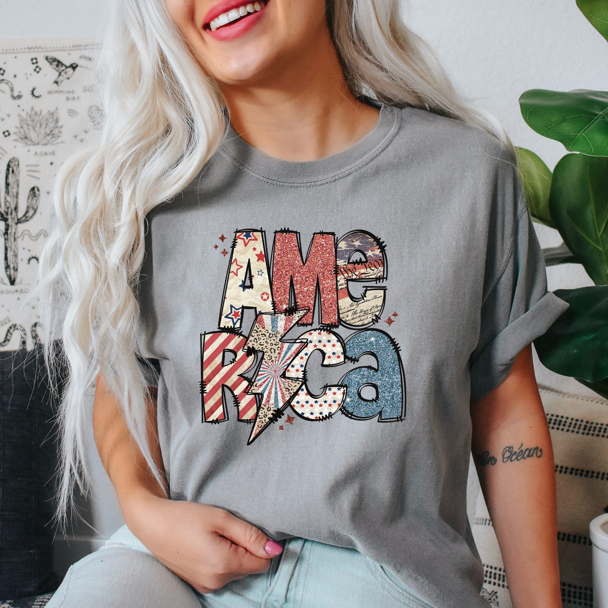 America Patriotic Lightning Bolt Patch Vintage Americana Flag Design Comfort Colors Tee