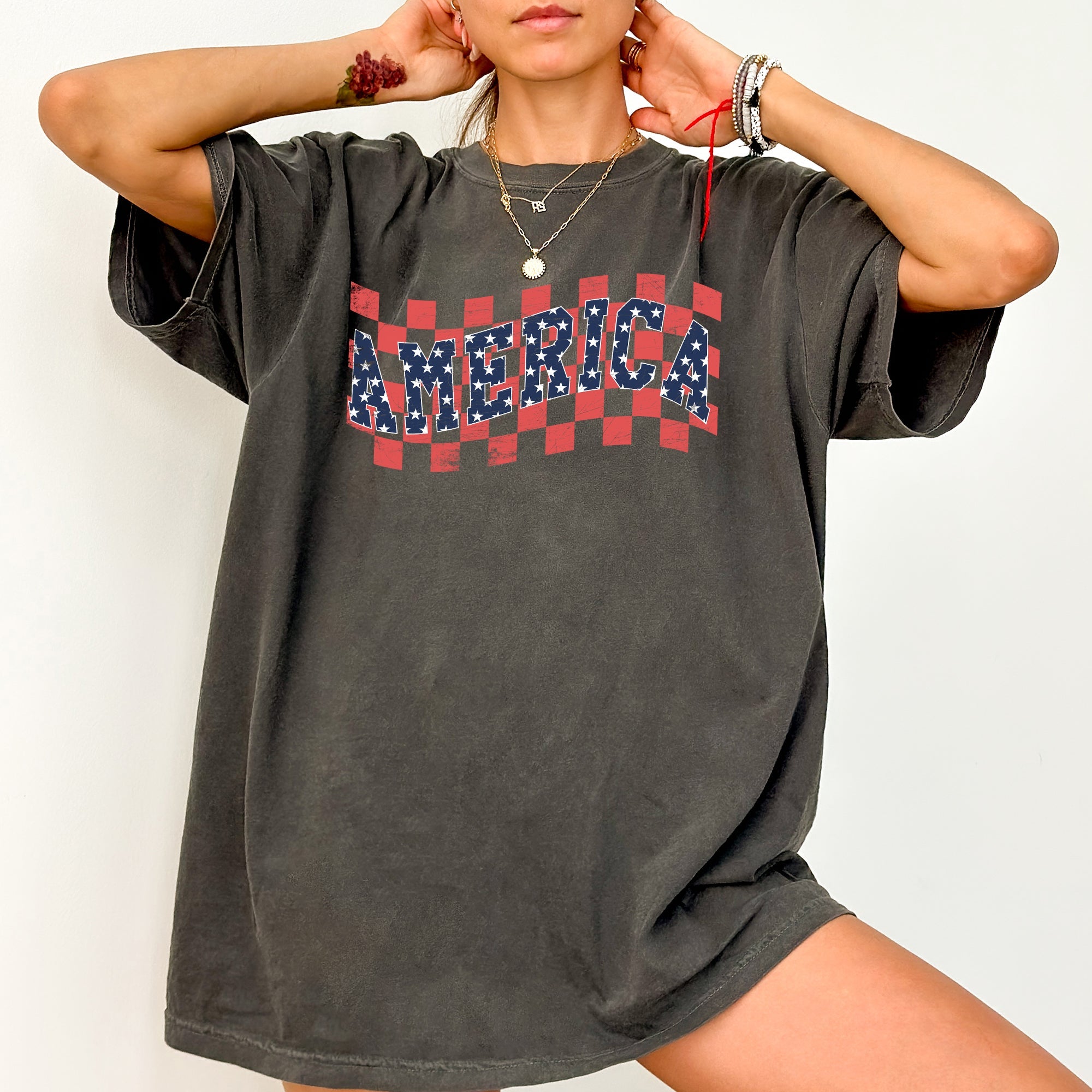 America Retro Patriotic USA Checkered Vintage Flag Inspired Heritage Edition Comfort Colors Tee
