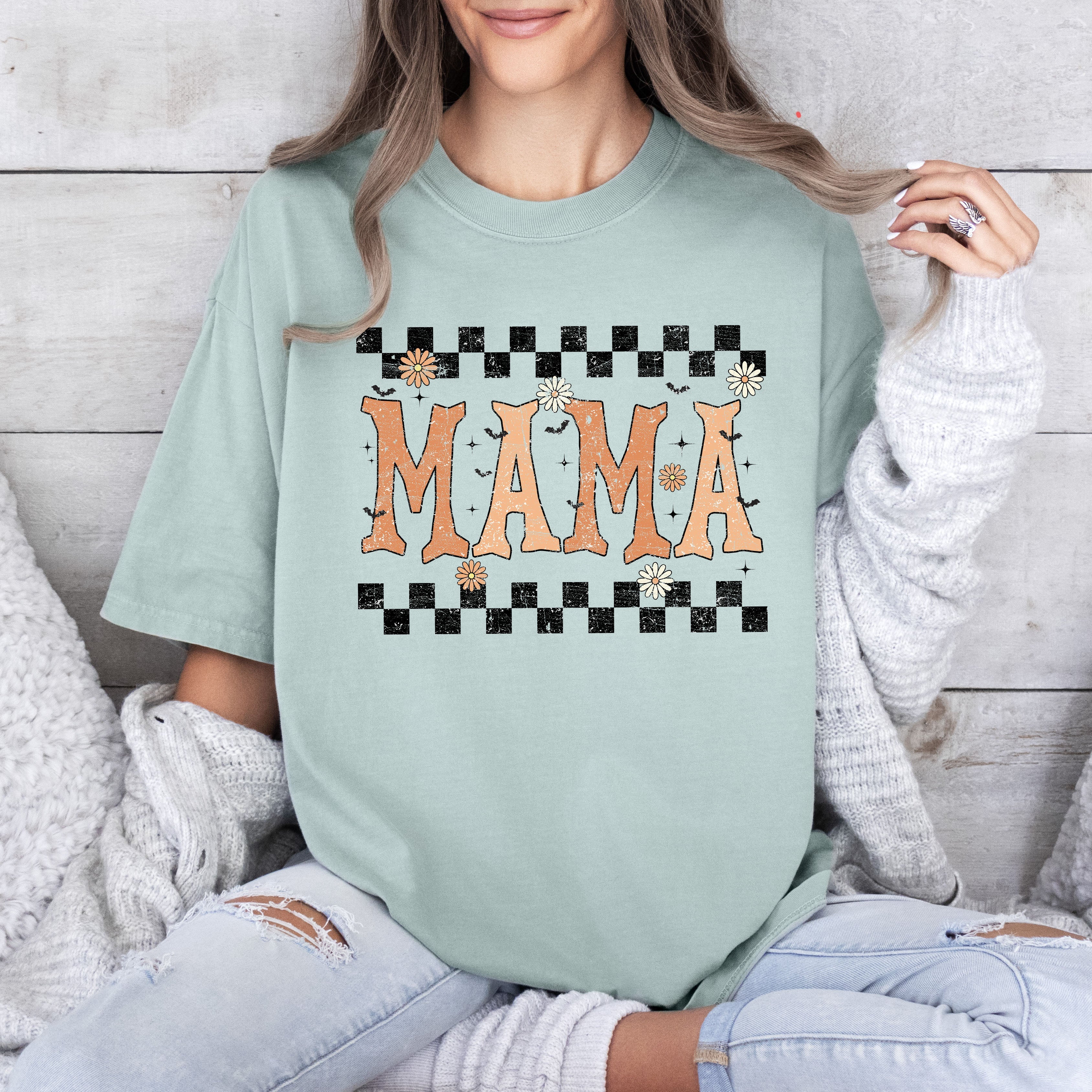 Mama Checkered Retro Vintage Bold Graphic Statement Design For Moms Comfort Colors Tee
