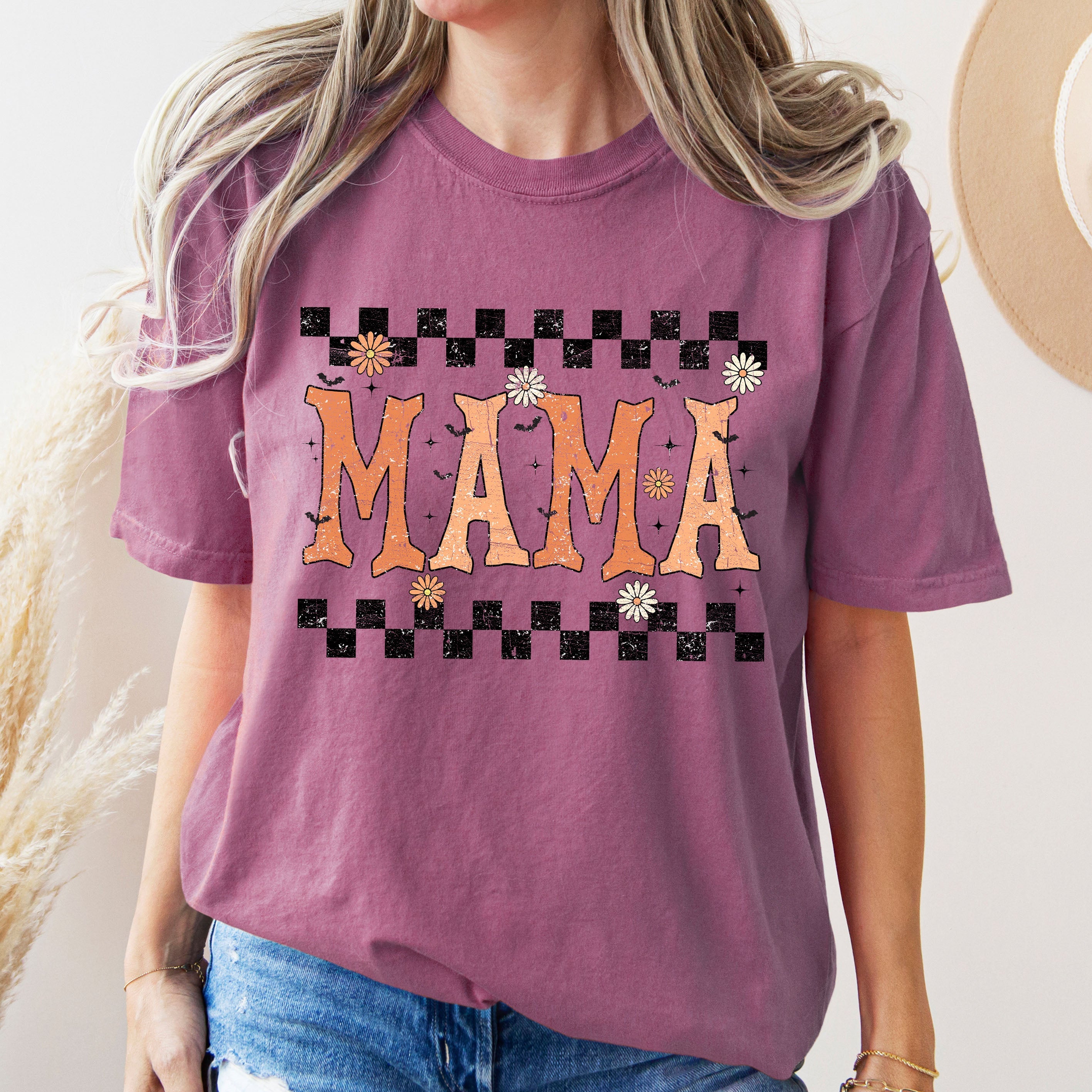 Mama Checkered Retro Vintage Bold Graphic Statement Design For Moms Comfort Colors Tee