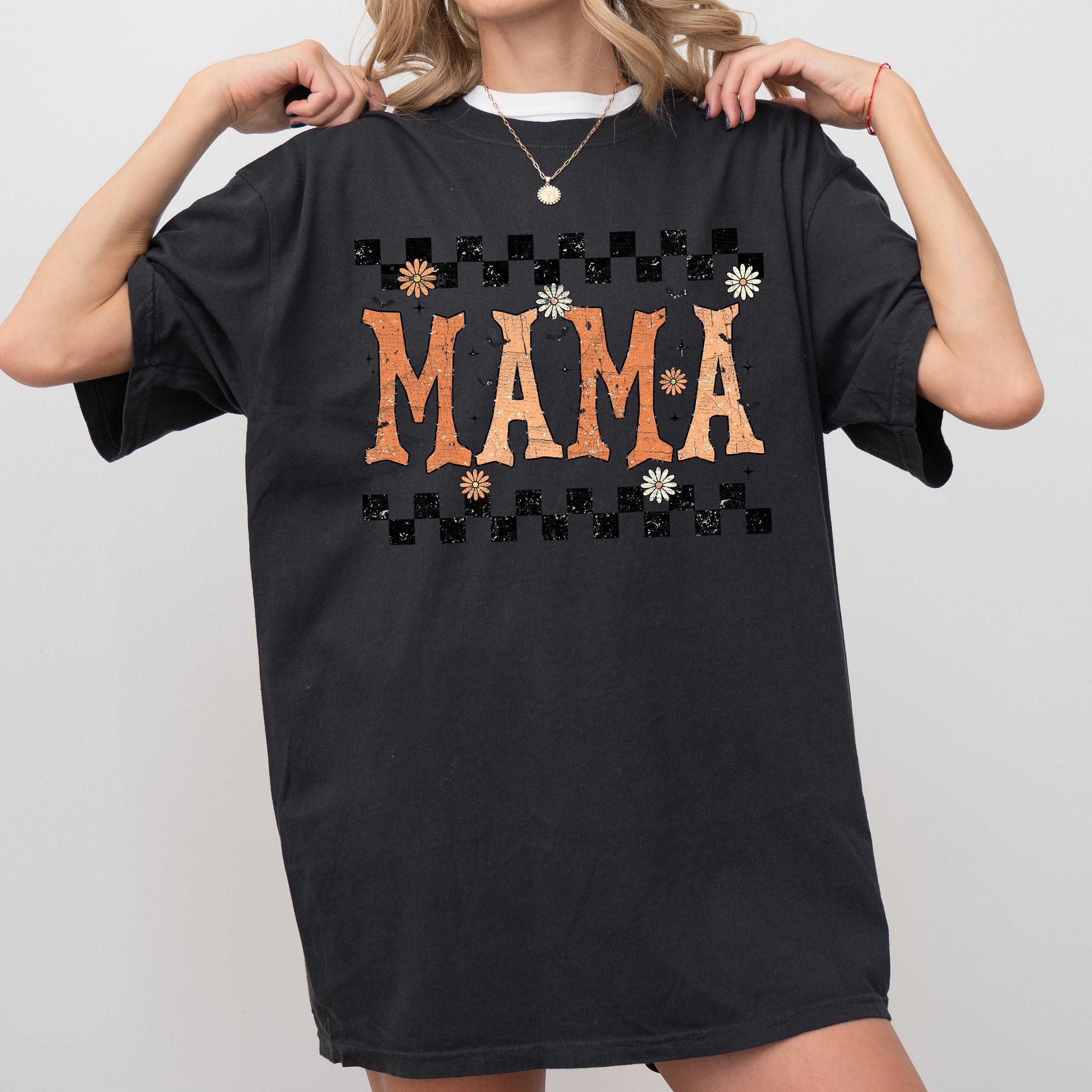 Mama Checkered Retro Vintage Bold Graphic Statement Design For Moms Comfort Colors Tee