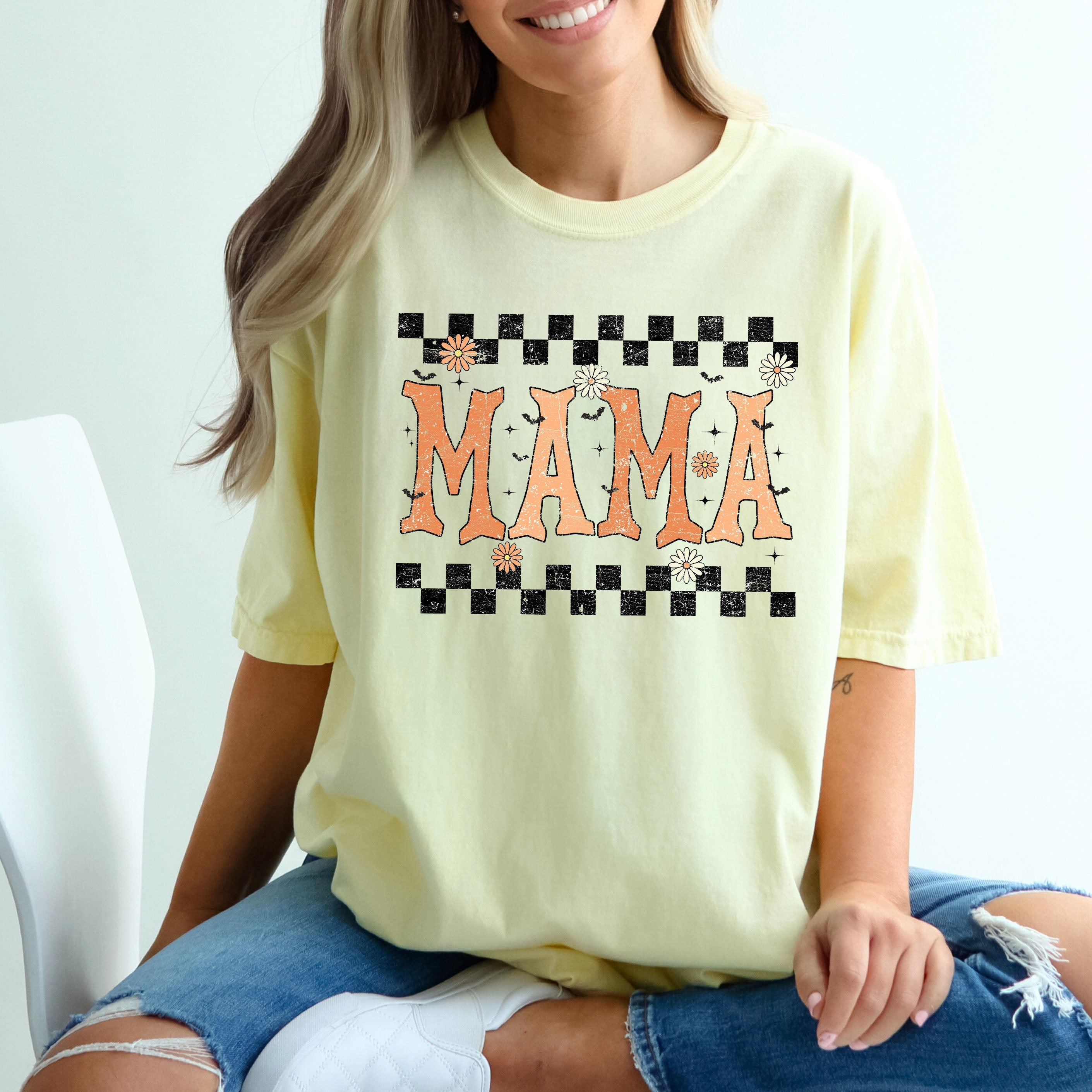 Mama Checkered Retro Vintage Bold Graphic Statement Design For Moms Comfort Colors Tee