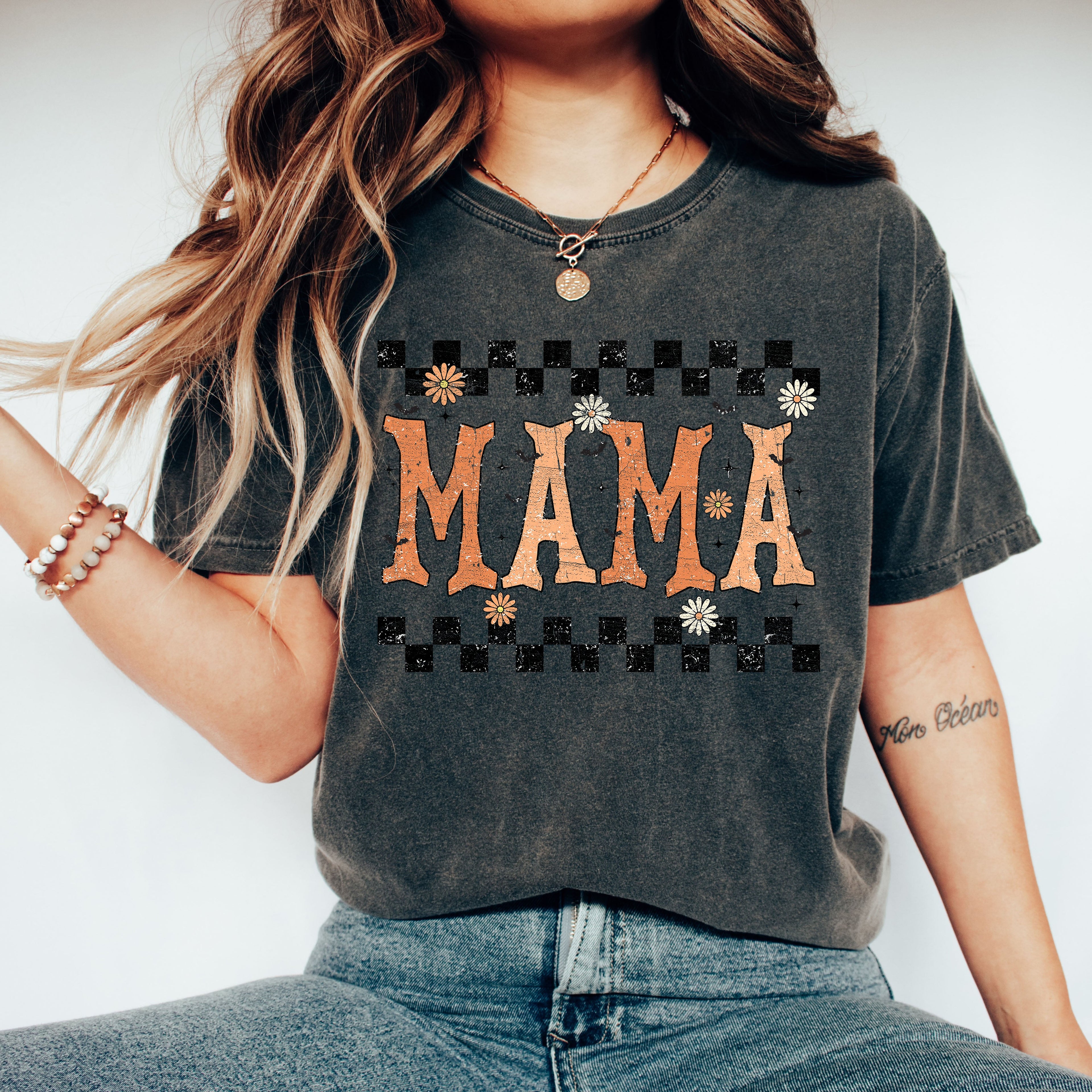Mama Checkered Retro Vintage Bold Graphic Statement Design For Moms Comfort Colors Tee