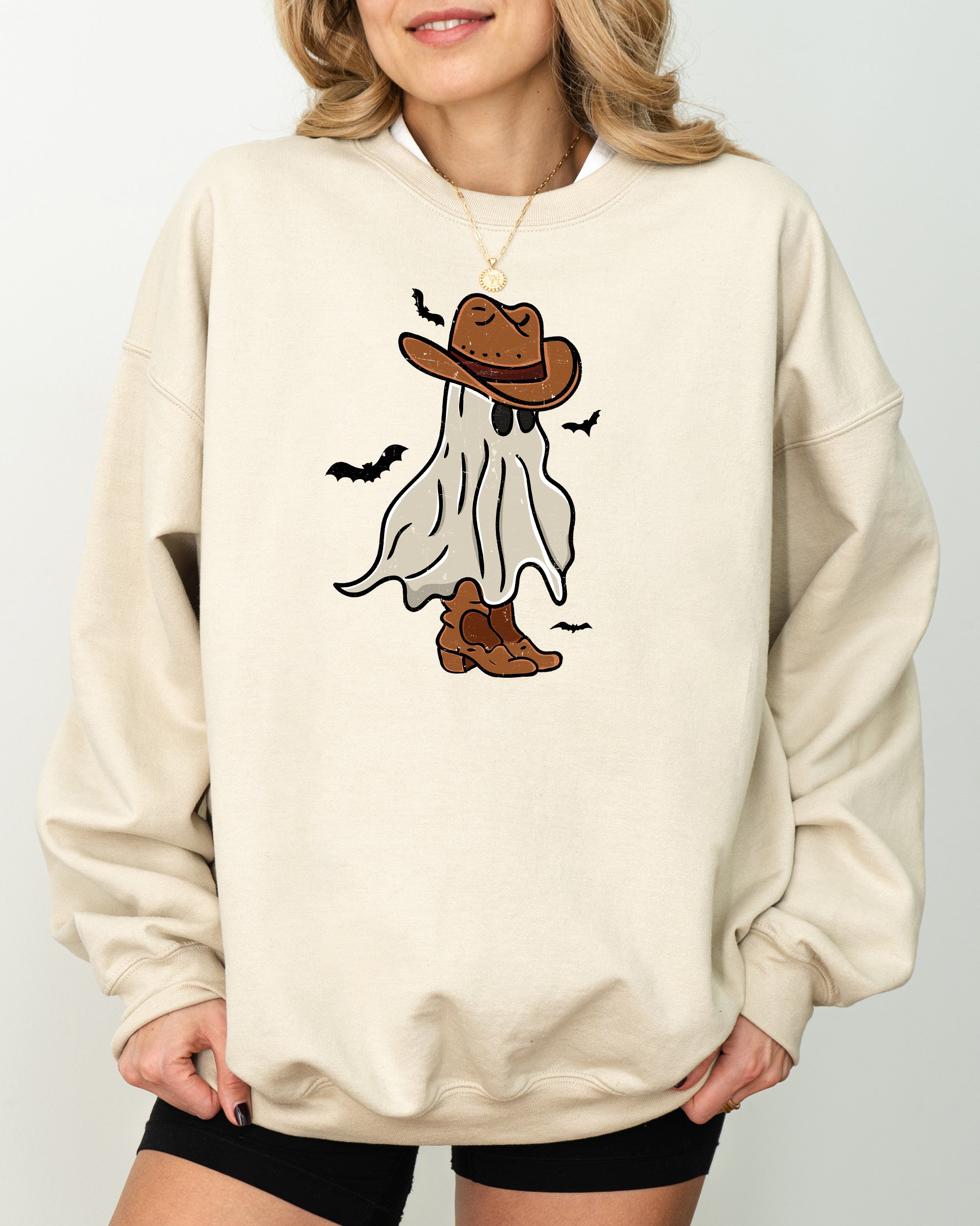 Mini Cowboy Ghost Hand-Drawn Western Fantasy Graphic Vintage Illustration Sweatshirt