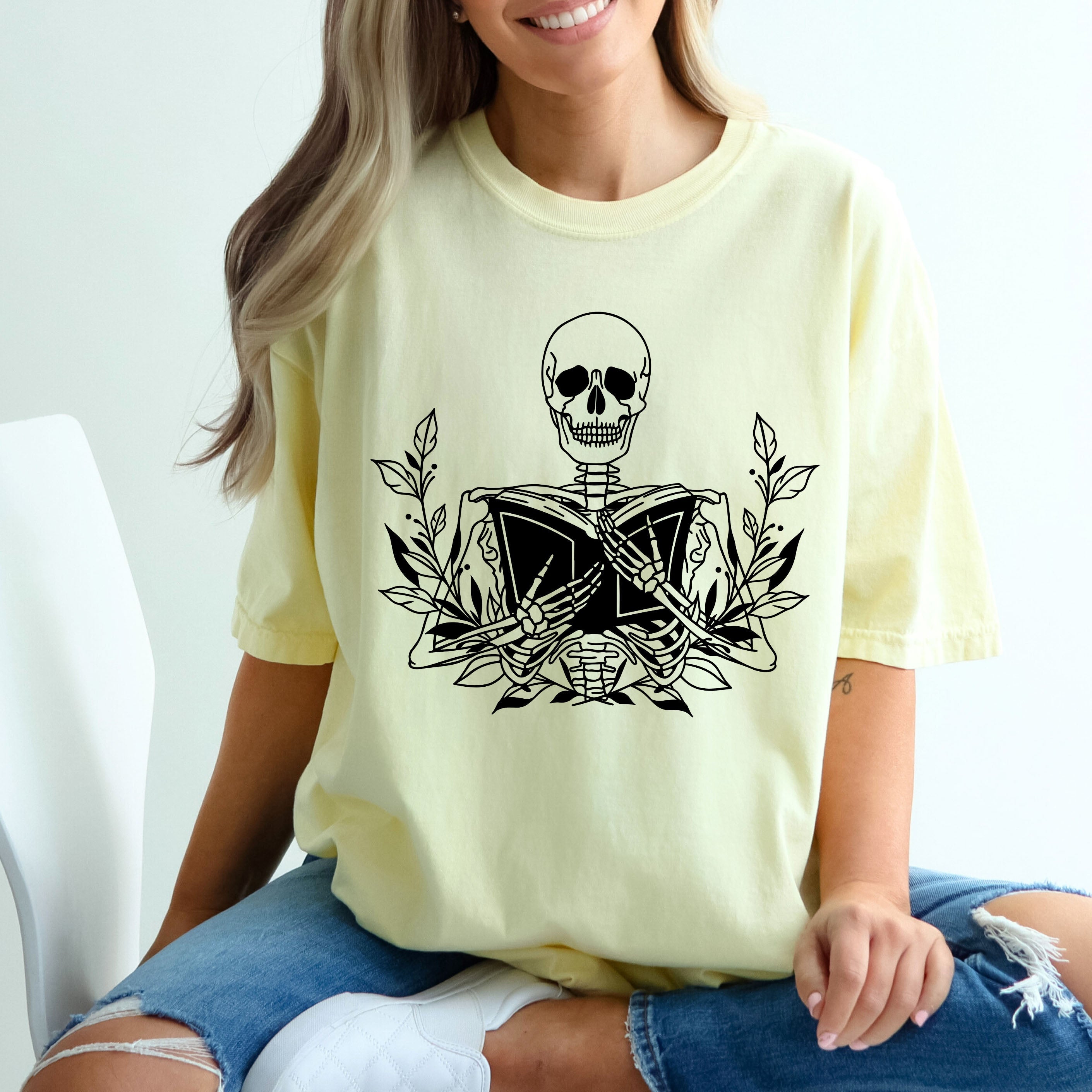 Reading Skeleton Book Lover Retro Vintage Inspired Collector's Edition Comfort Colors Tee
