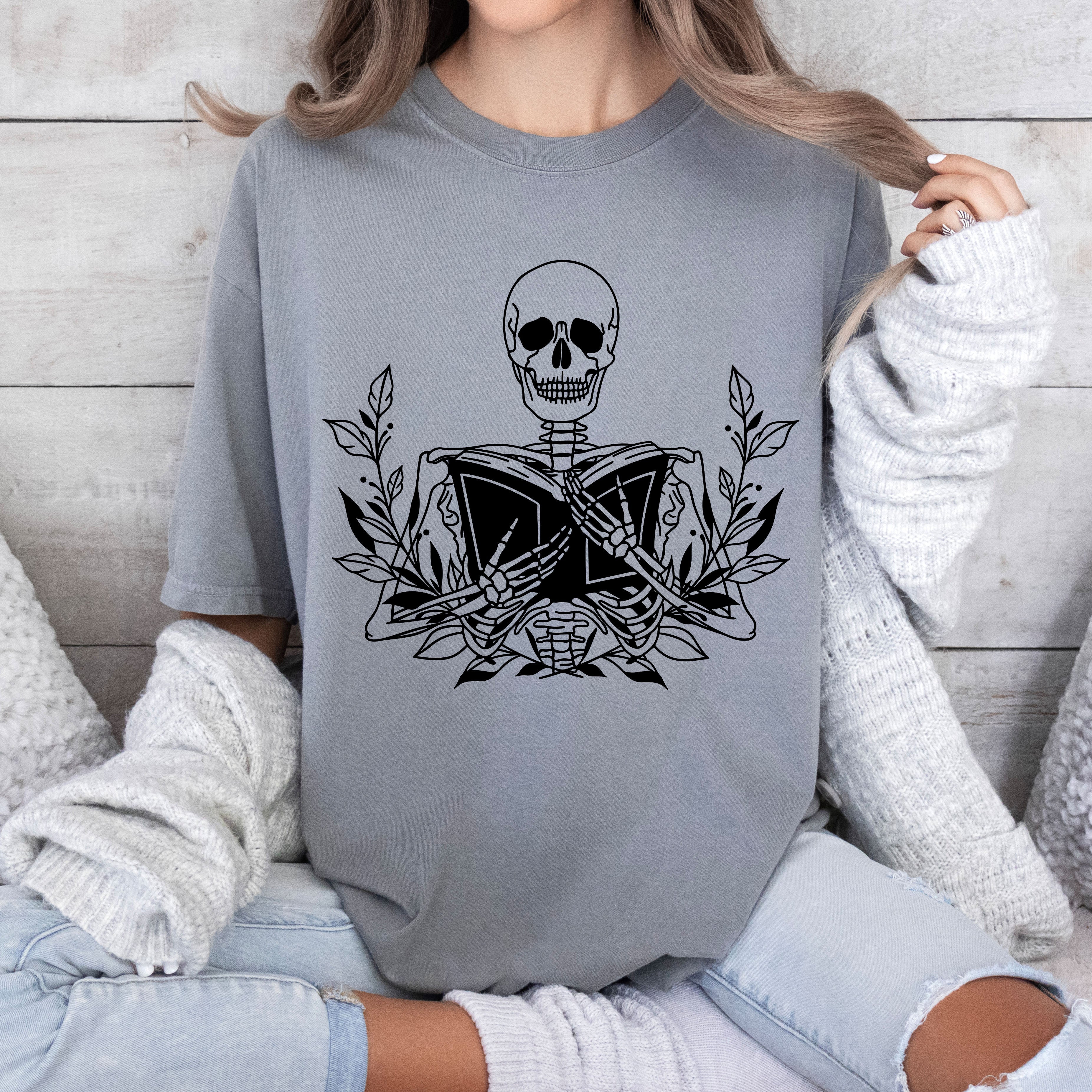 Reading Skeleton Book Lover Retro Vintage Inspired Collector's Edition Comfort Colors Tee