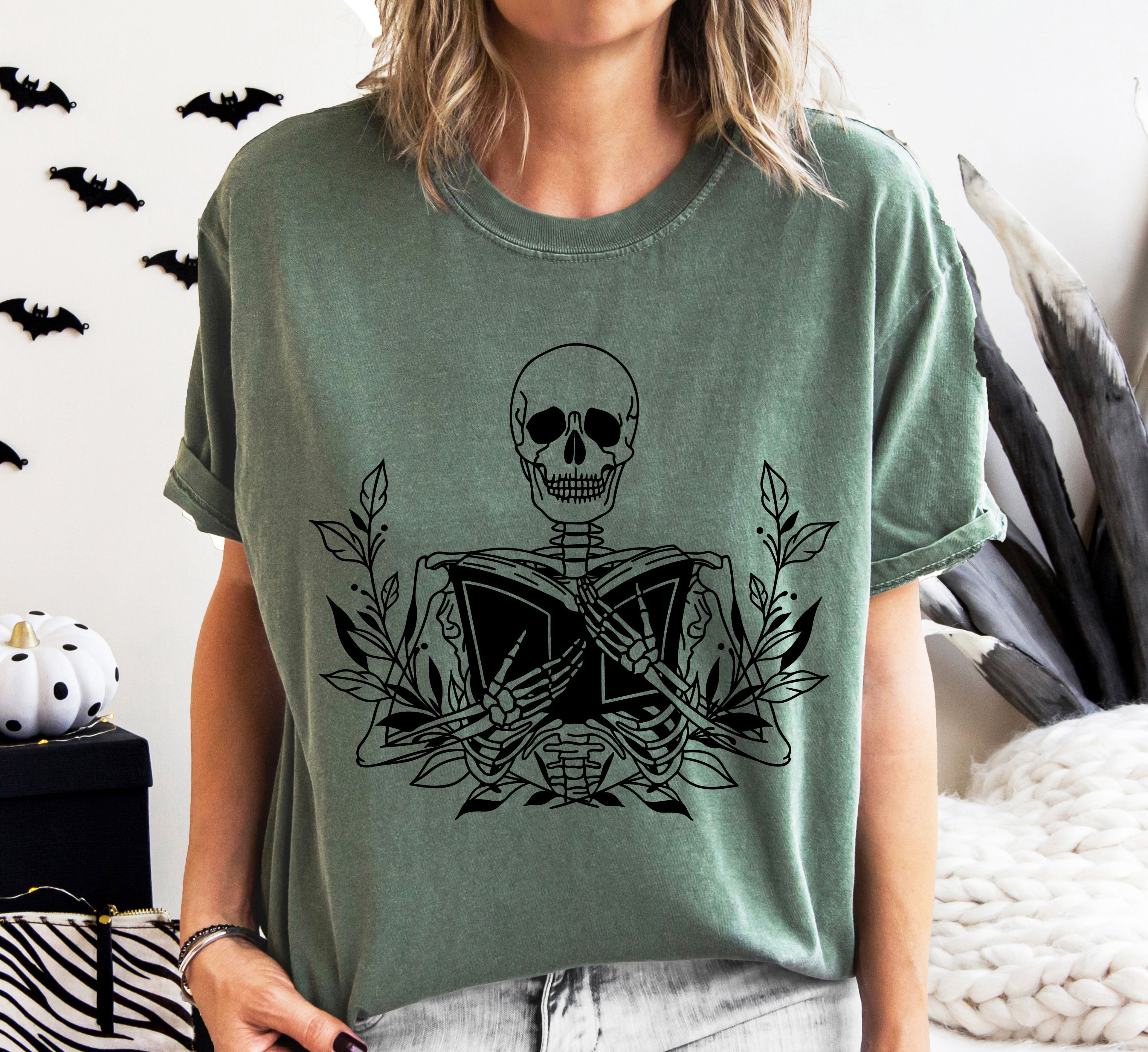 Reading Skeleton Book Lover Retro Vintage Inspired Collector's Edition Comfort Colors Tee