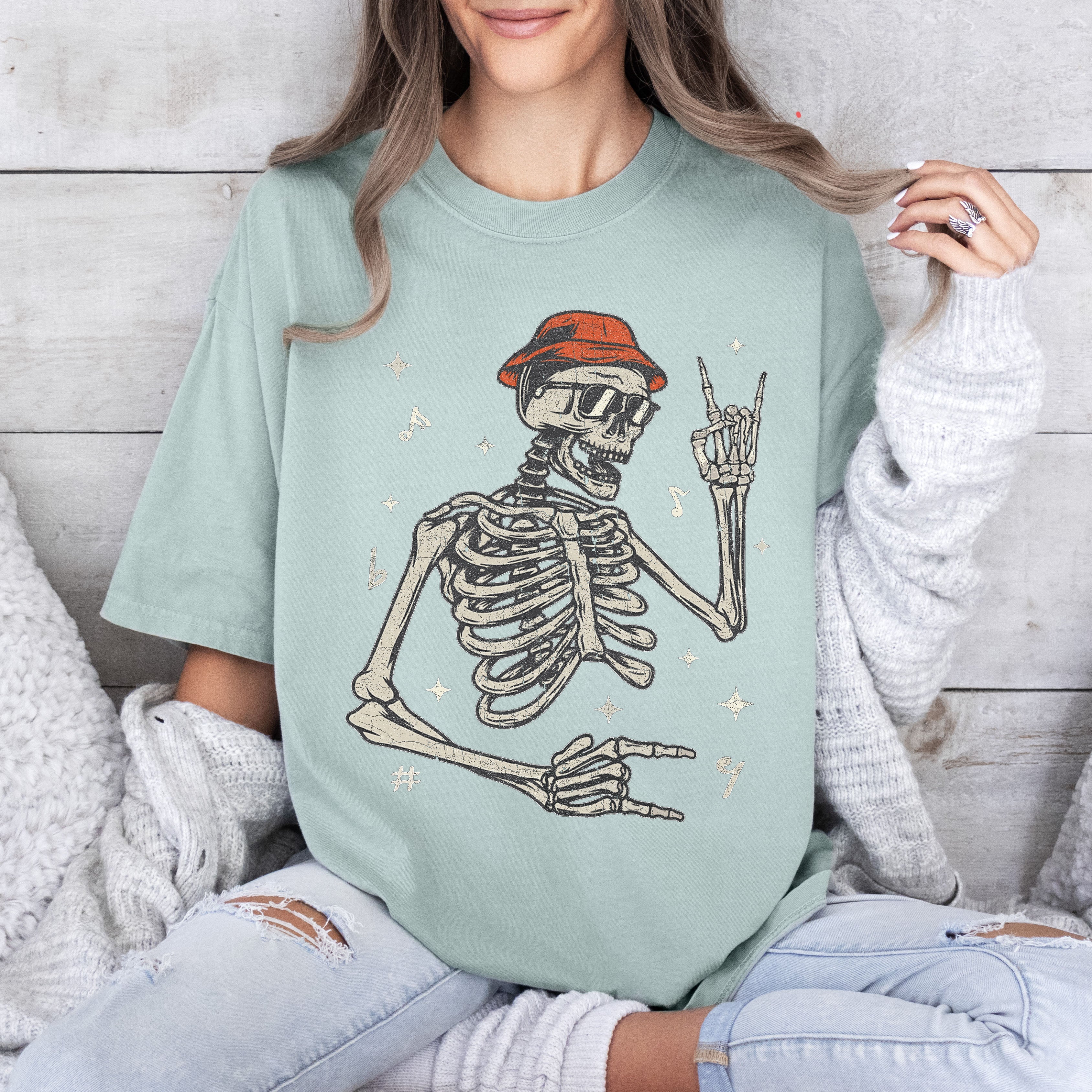Rocker Skeleton Punk Rock Retro Vintage Concert Graphic Design Comfort Colors Tee