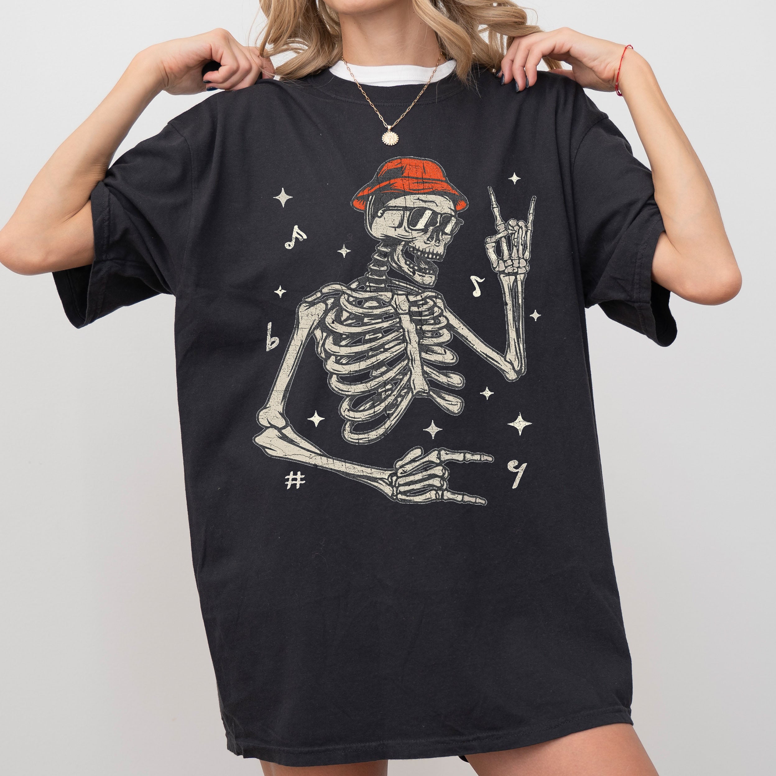 Rocker Skeleton Punk Rock Retro Vintage Concert Graphic Design Comfort Colors Tee