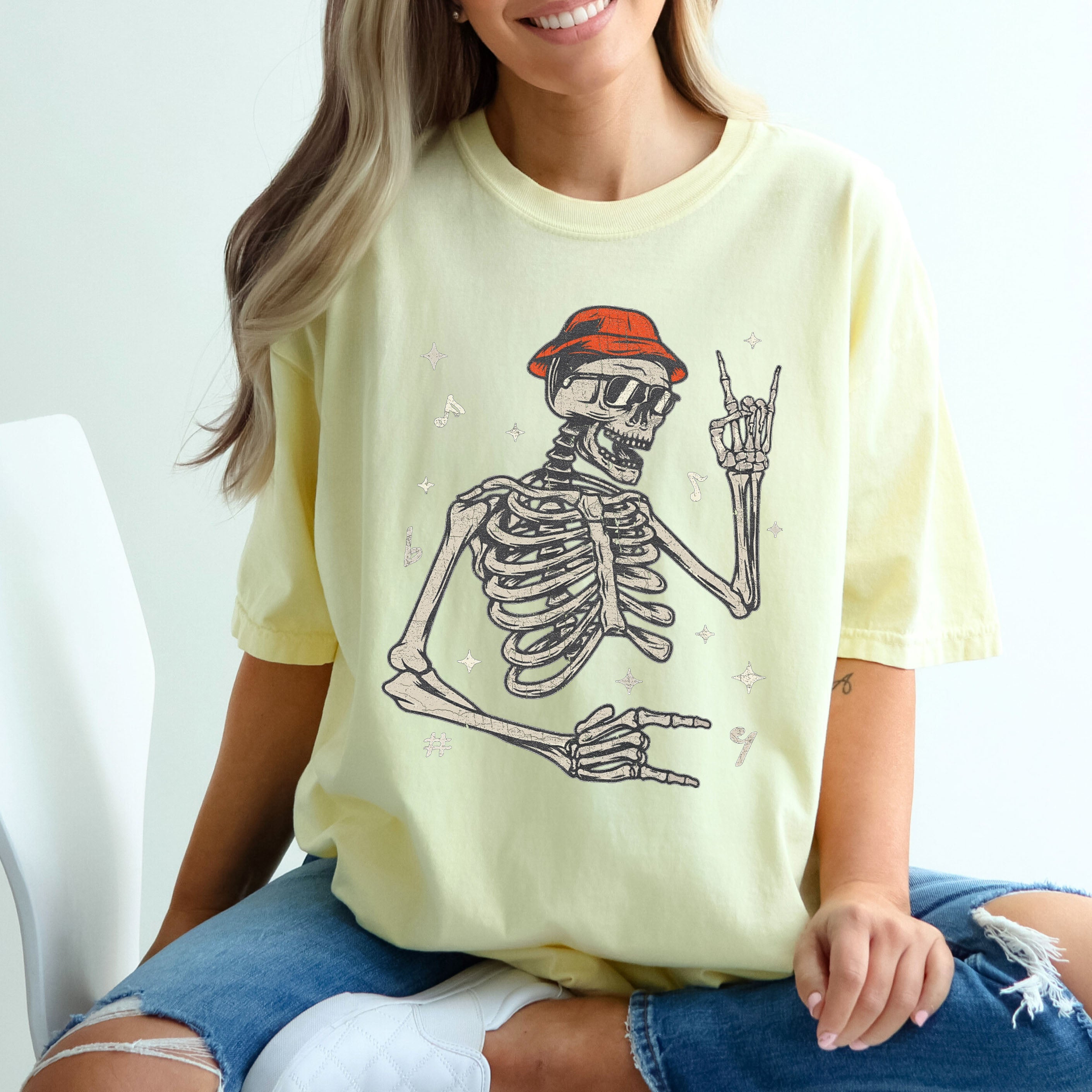 Rocker Skeleton Punk Rock Retro Vintage Concert Graphic Design Comfort Colors Tee