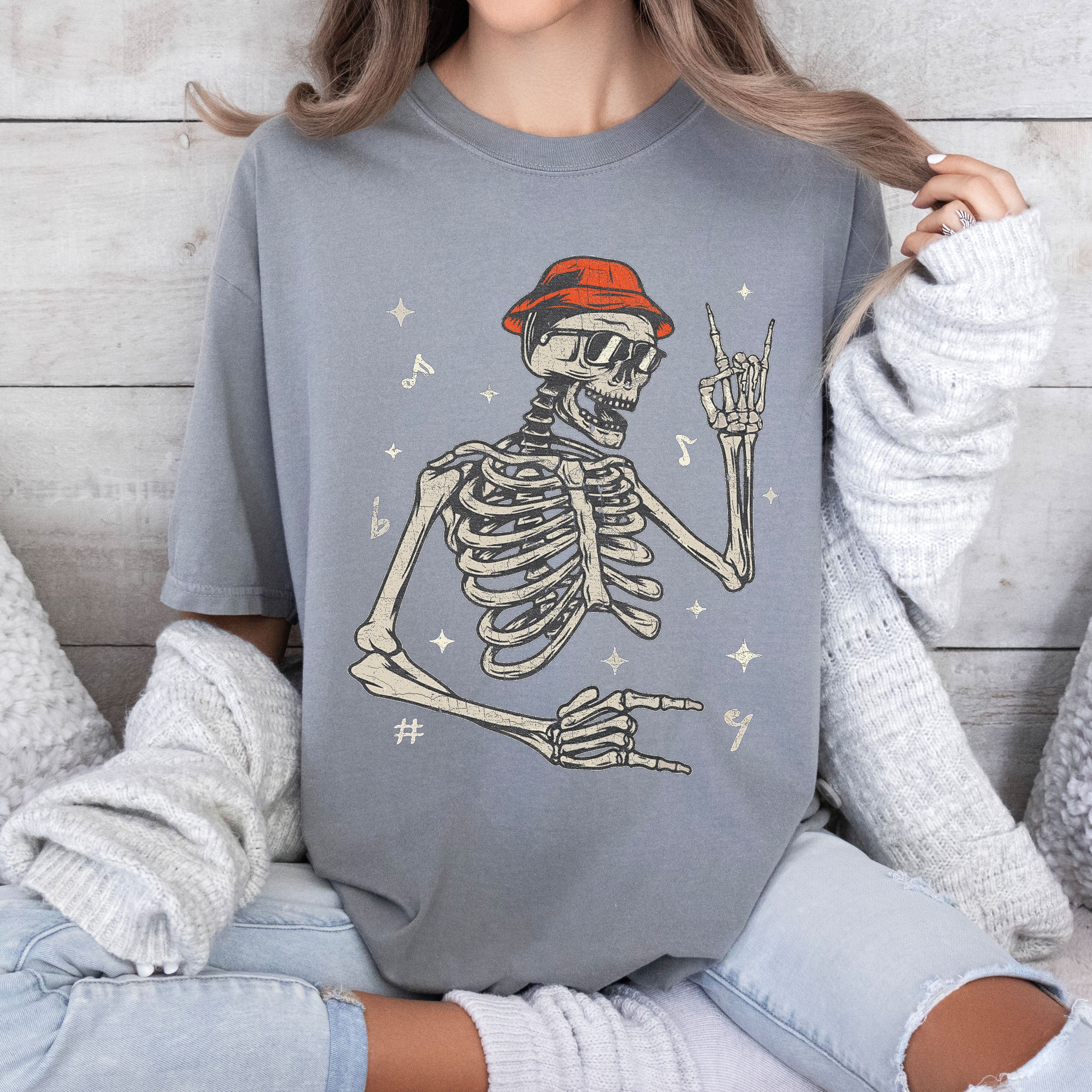 Rocker Skeleton Punk Rock Retro Vintage Concert Graphic Design Comfort Colors Tee