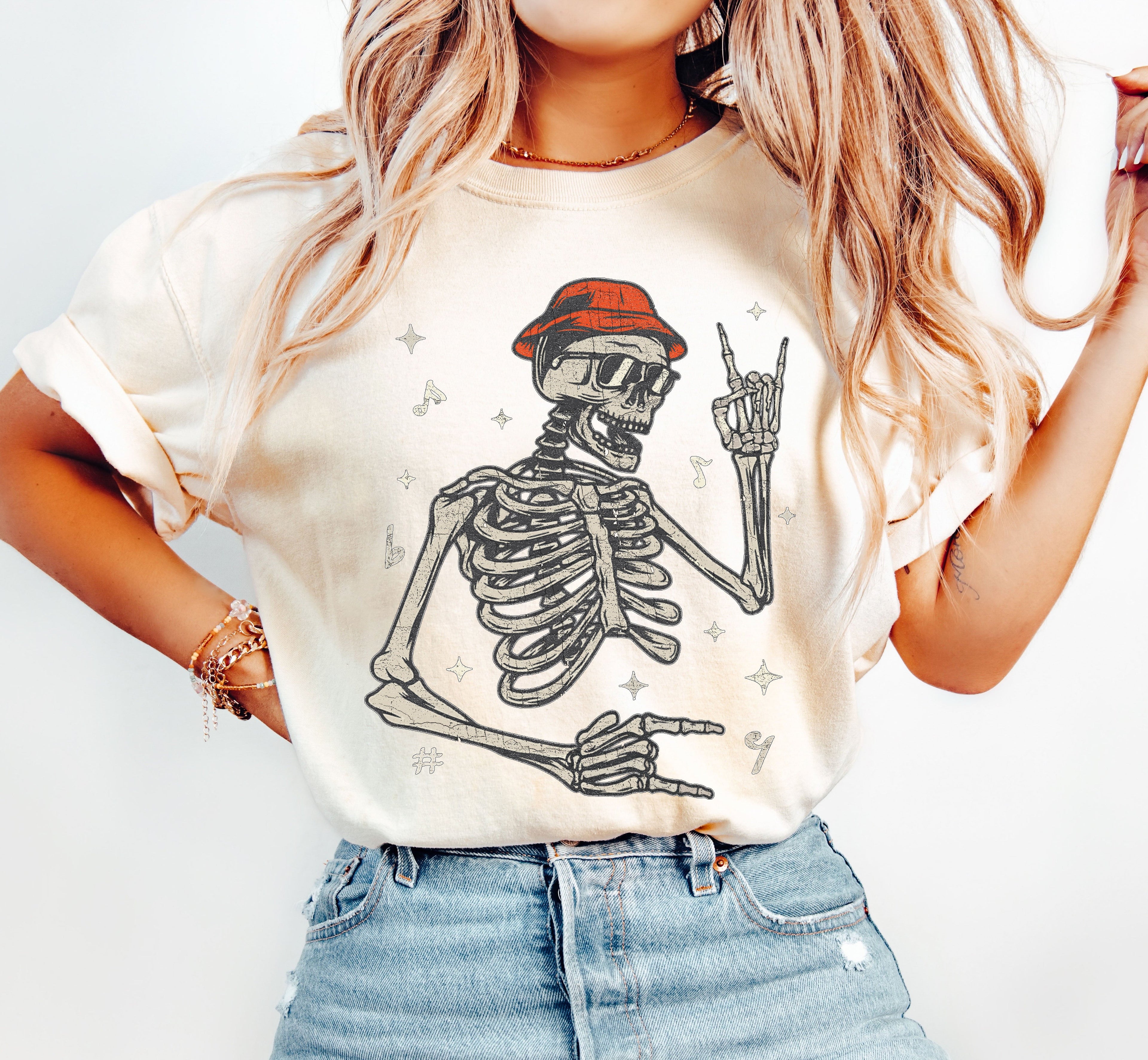 Rocker Skeleton Punk Rock Retro Vintage Concert Graphic Design Comfort Colors Tee