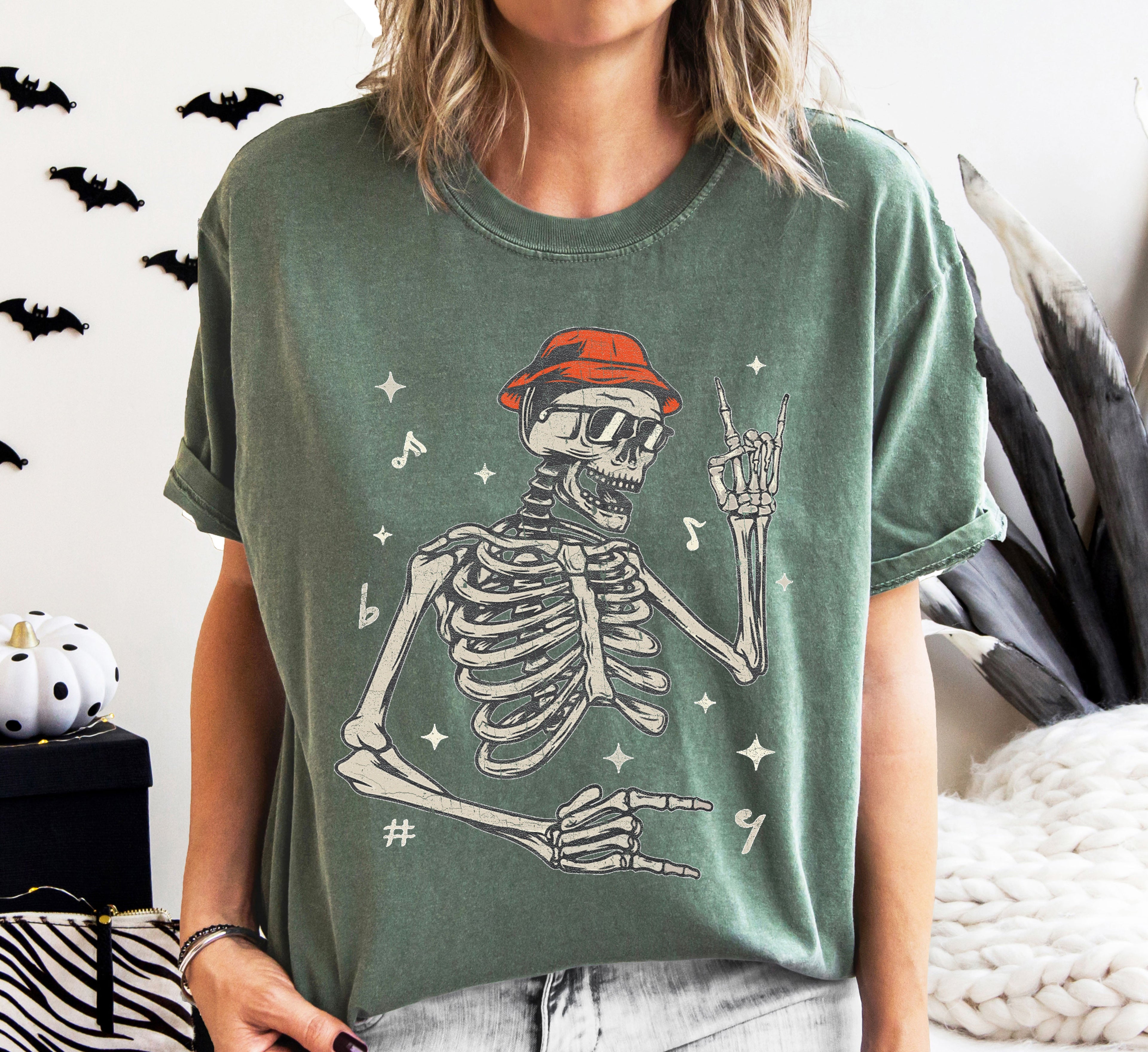 Rocker Skeleton Punk Rock Retro Vintage Concert Graphic Design Comfort Colors Tee