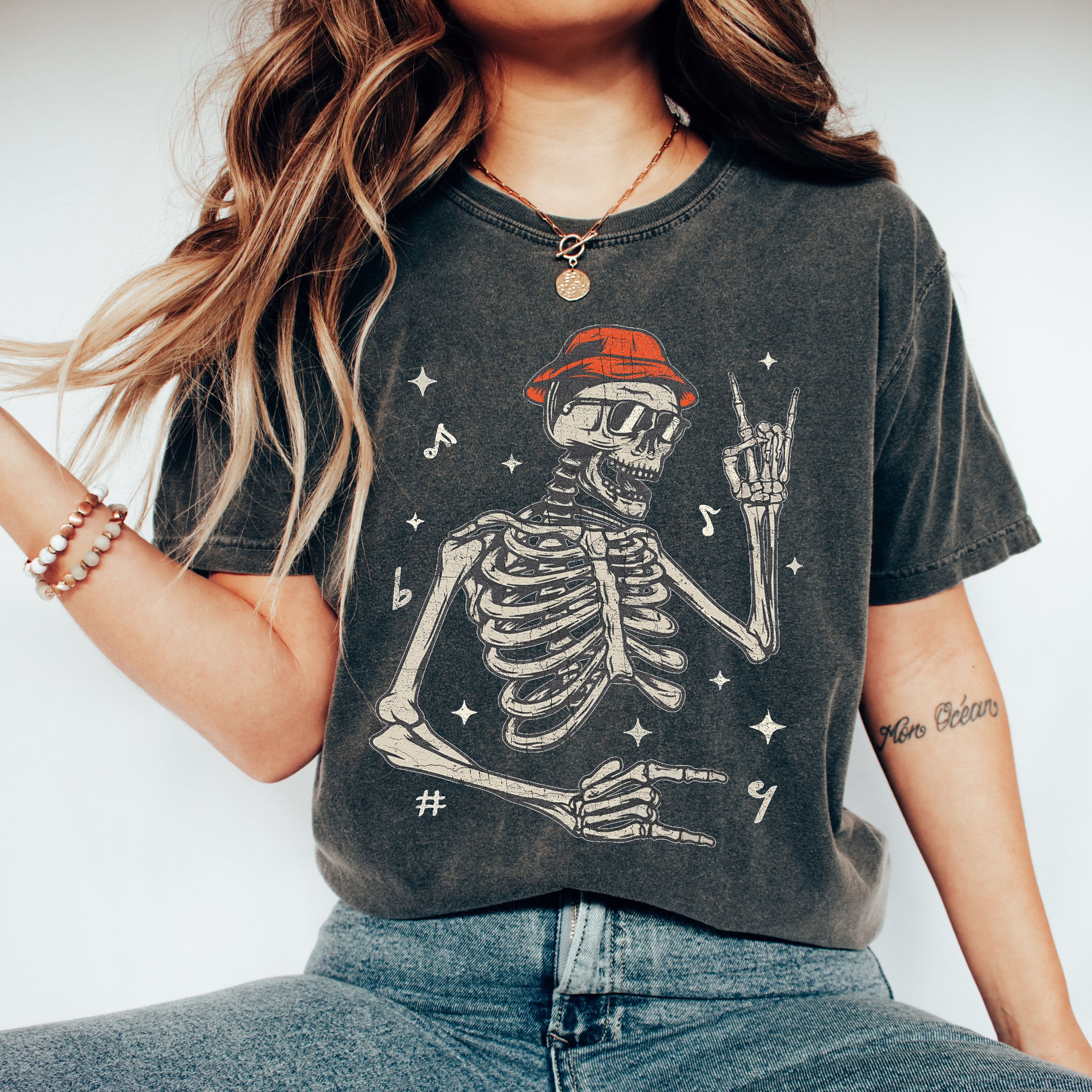 Rocker Skeleton Punk Rock Retro Vintage Concert Graphic Design Comfort Colors Tee