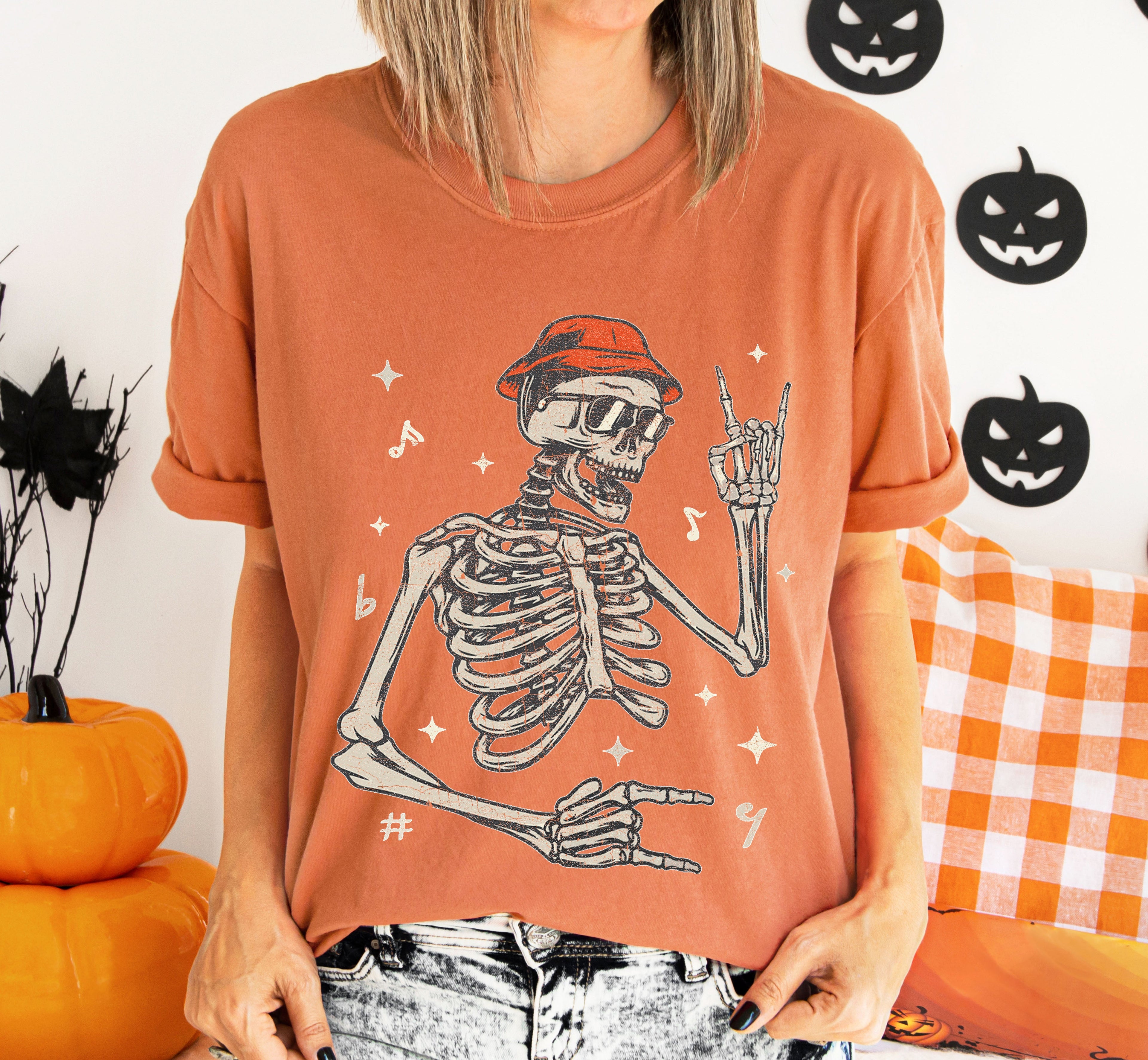 Rocker Skeleton Punk Rock Retro Vintage Concert Graphic Design Comfort Colors Tee