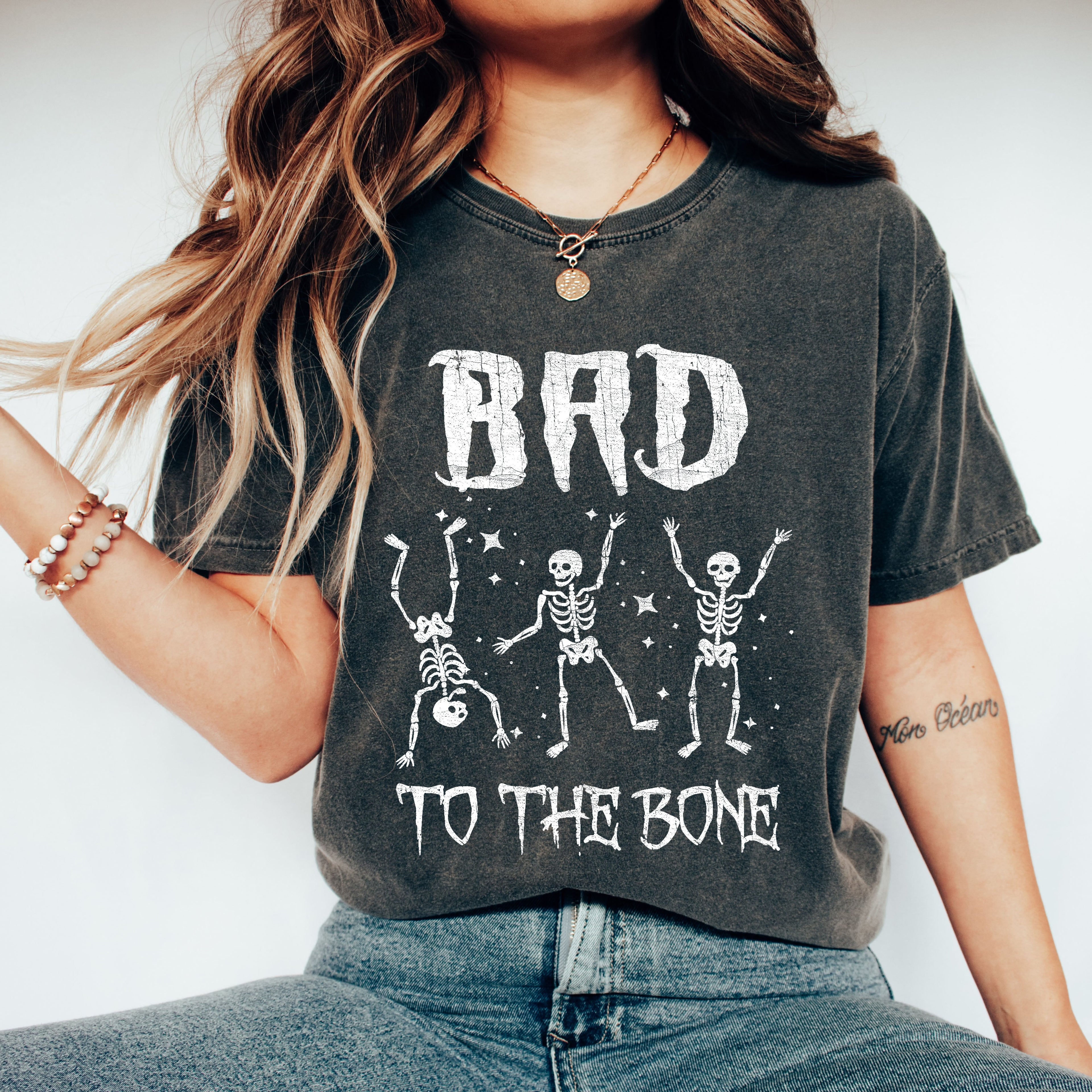 Bad To The Bone Funny Skeleton Retro Vintage Classic Rockabilly Design Elements Comfort Colors Tee