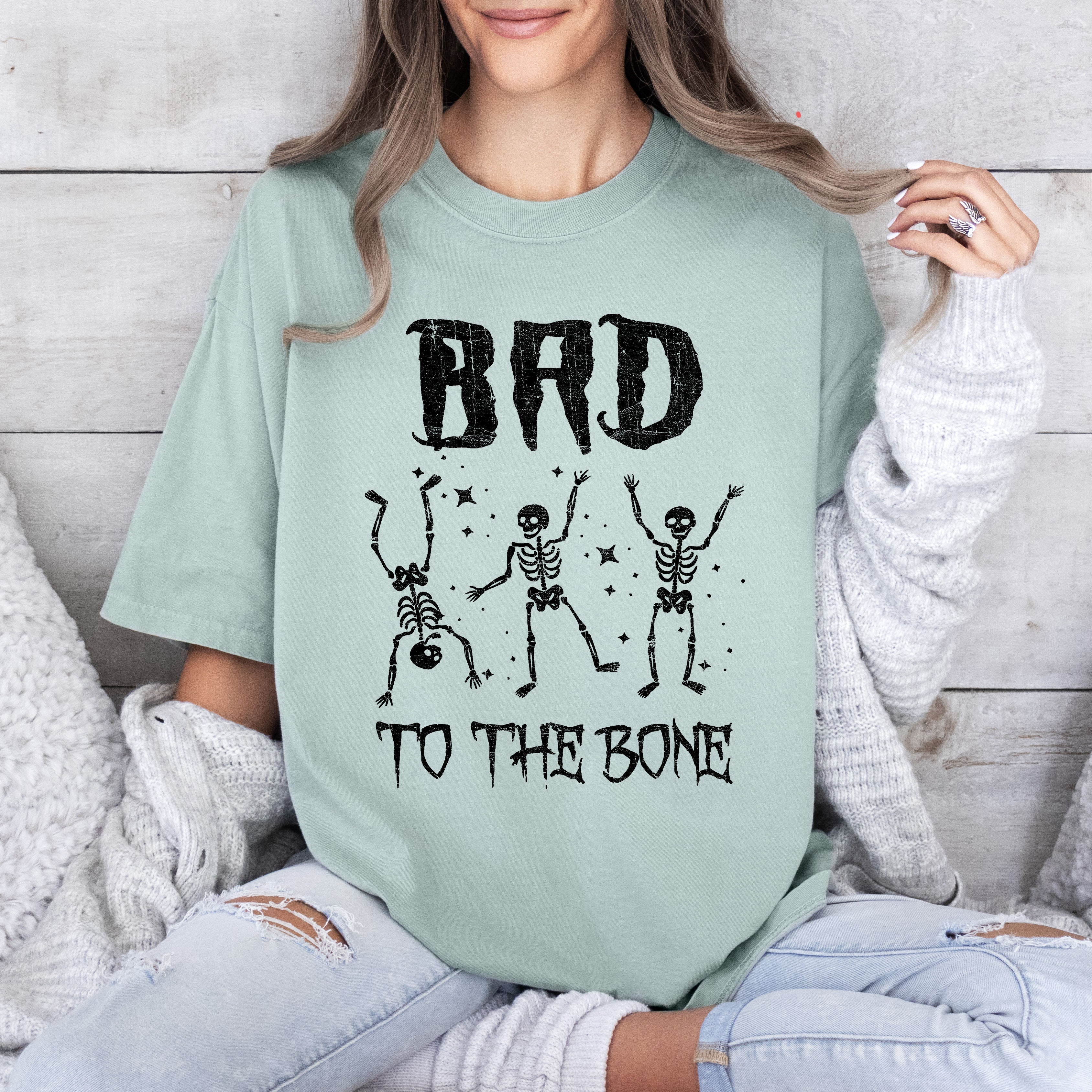 Bad To The Bone Funny Skeleton Retro Vintage Classic Rockabilly Design Elements Comfort Colors Tee