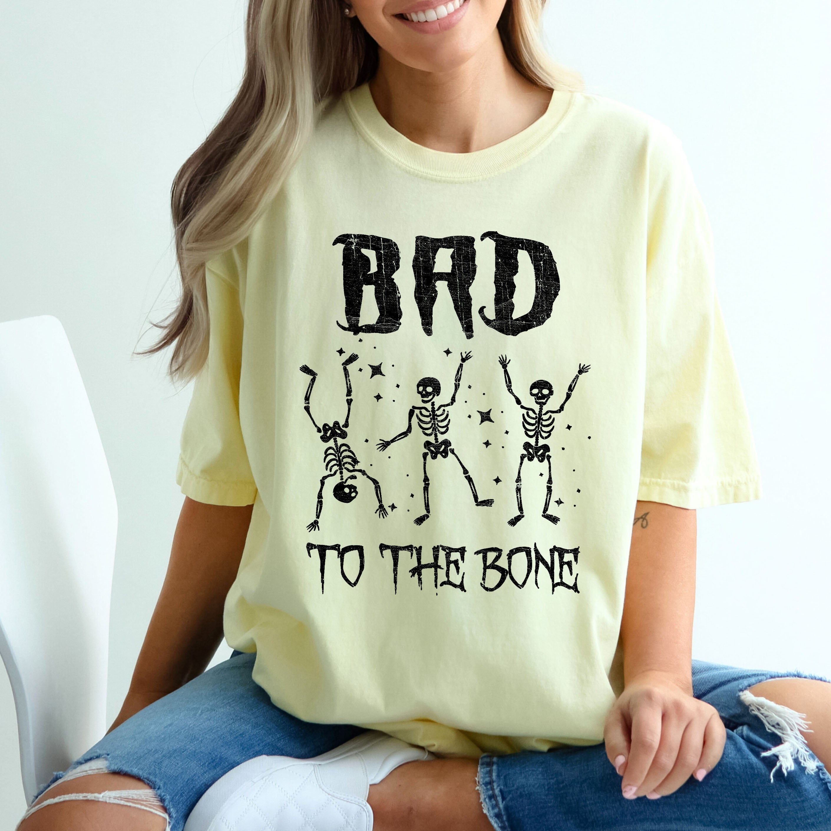 Bad To The Bone Funny Skeleton Retro Vintage Classic Rockabilly Design Elements Comfort Colors Tee