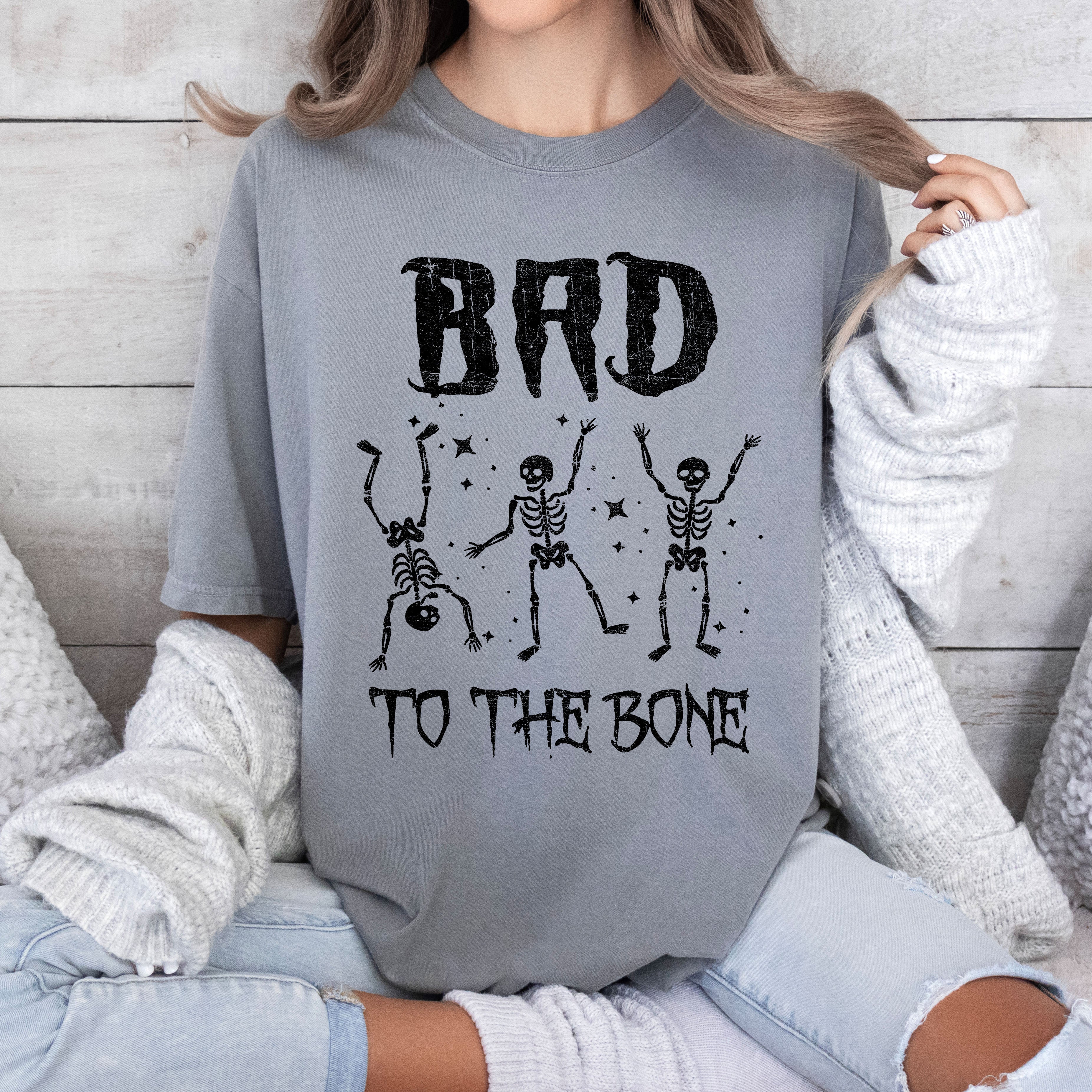 Bad To The Bone Funny Skeleton Retro Vintage Classic Rockabilly Design Elements Comfort Colors Tee