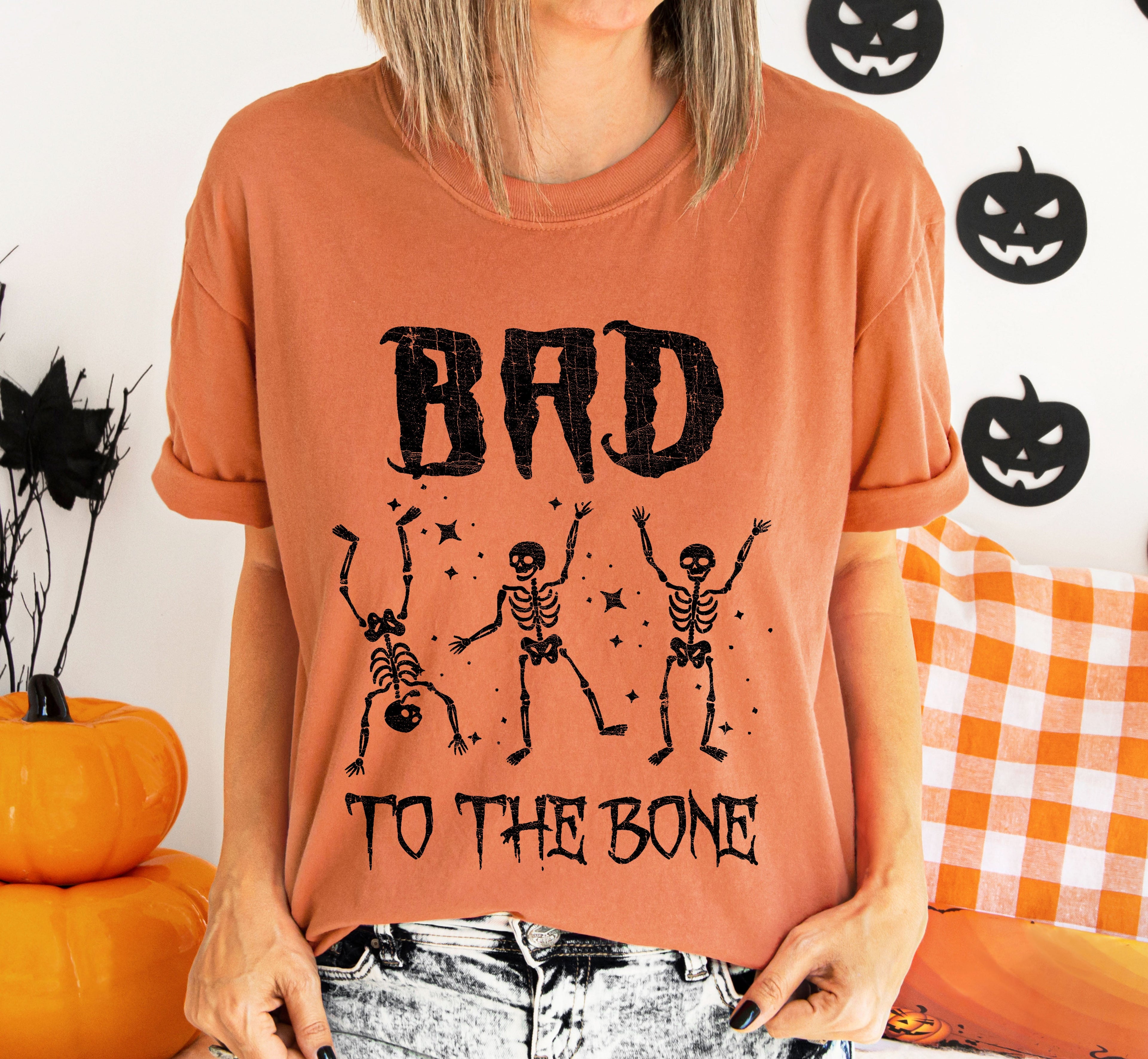 Bad To The Bone Funny Skeleton Retro Vintage Classic Rockabilly Design Elements Comfort Colors Tee