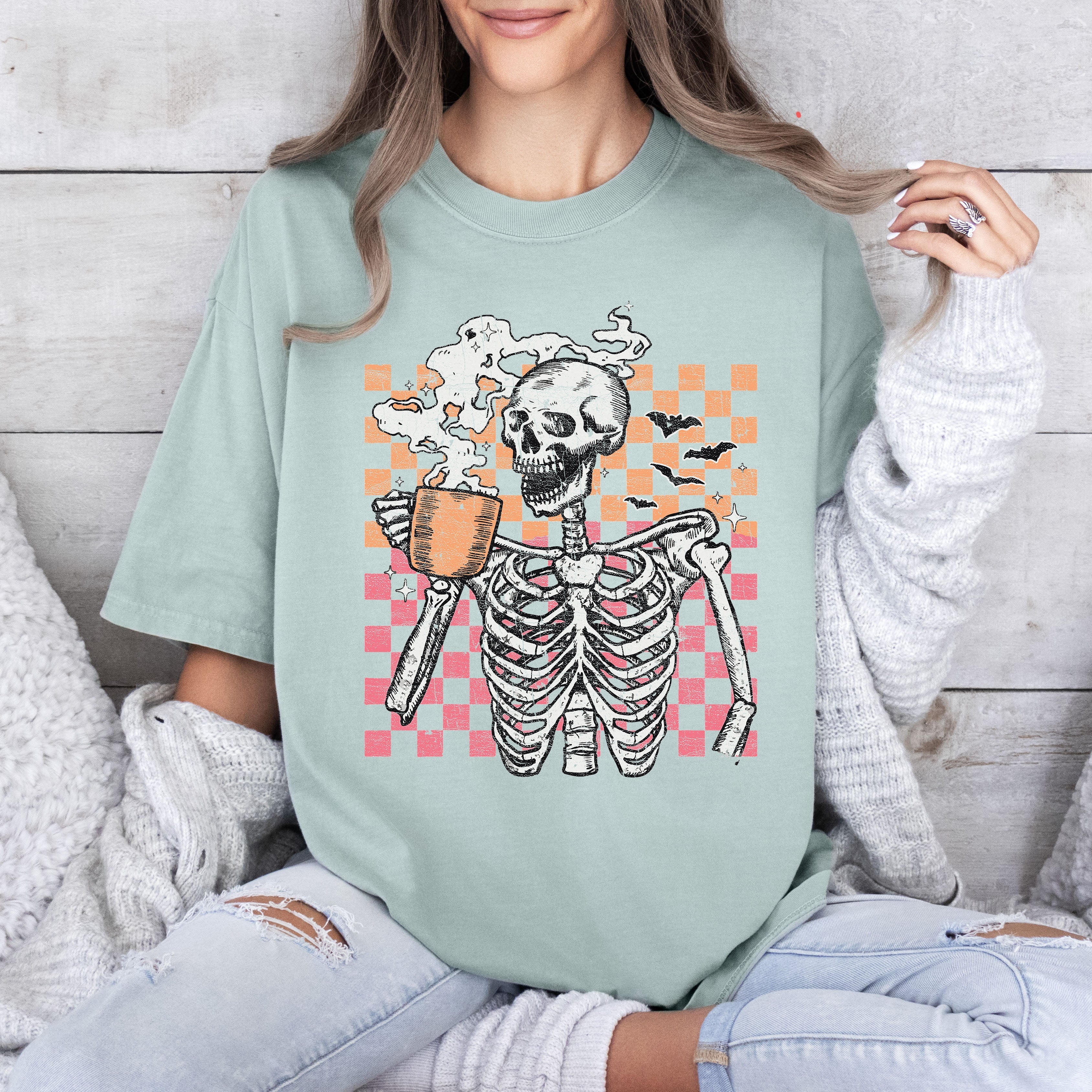 Coffee Lover Skeleton Checkered Mom Retro Aesthetic Vintage Inspired Comfort Colors Tee