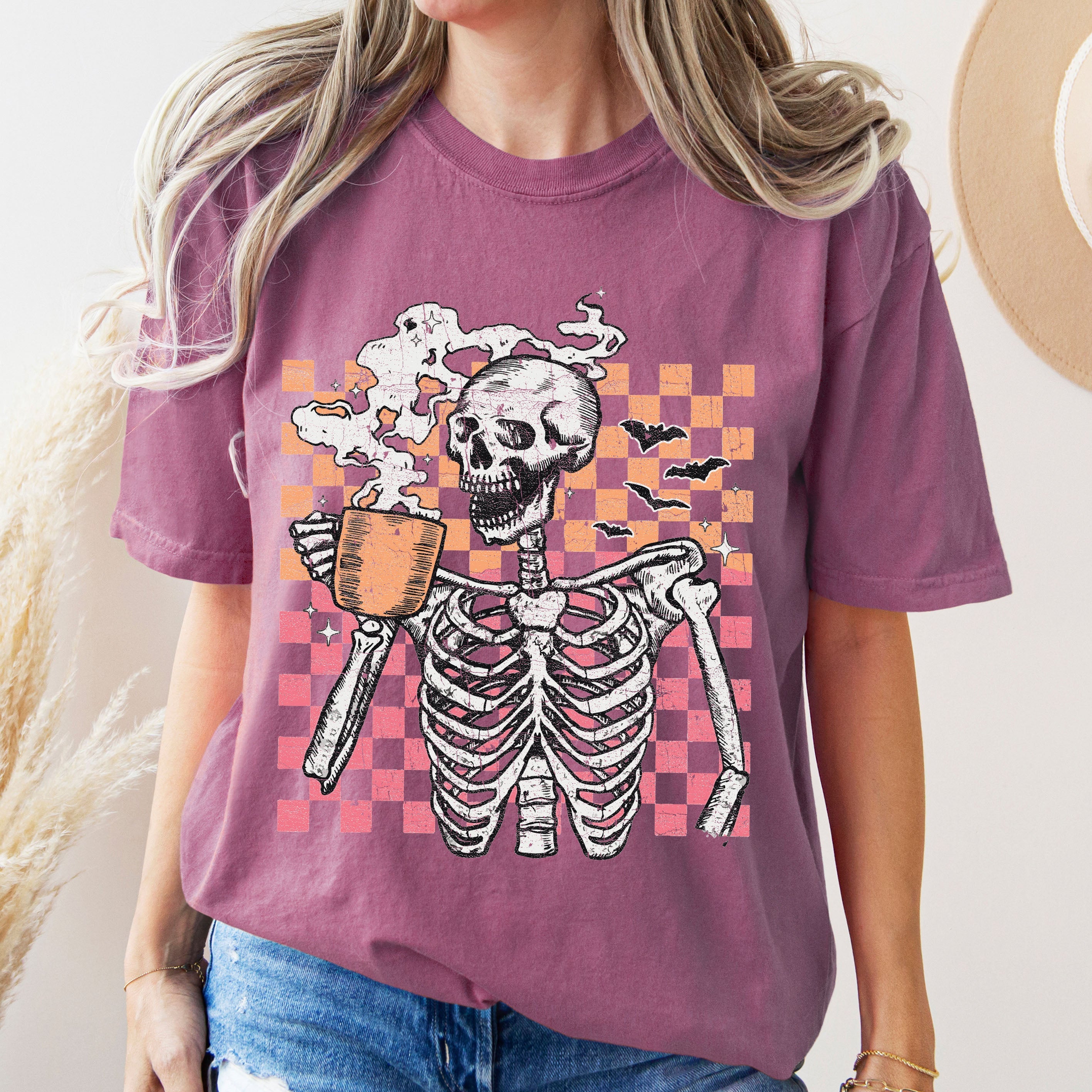 Coffee Lover Skeleton Checkered Mom Retro Aesthetic Vintage Inspired Comfort Colors Tee