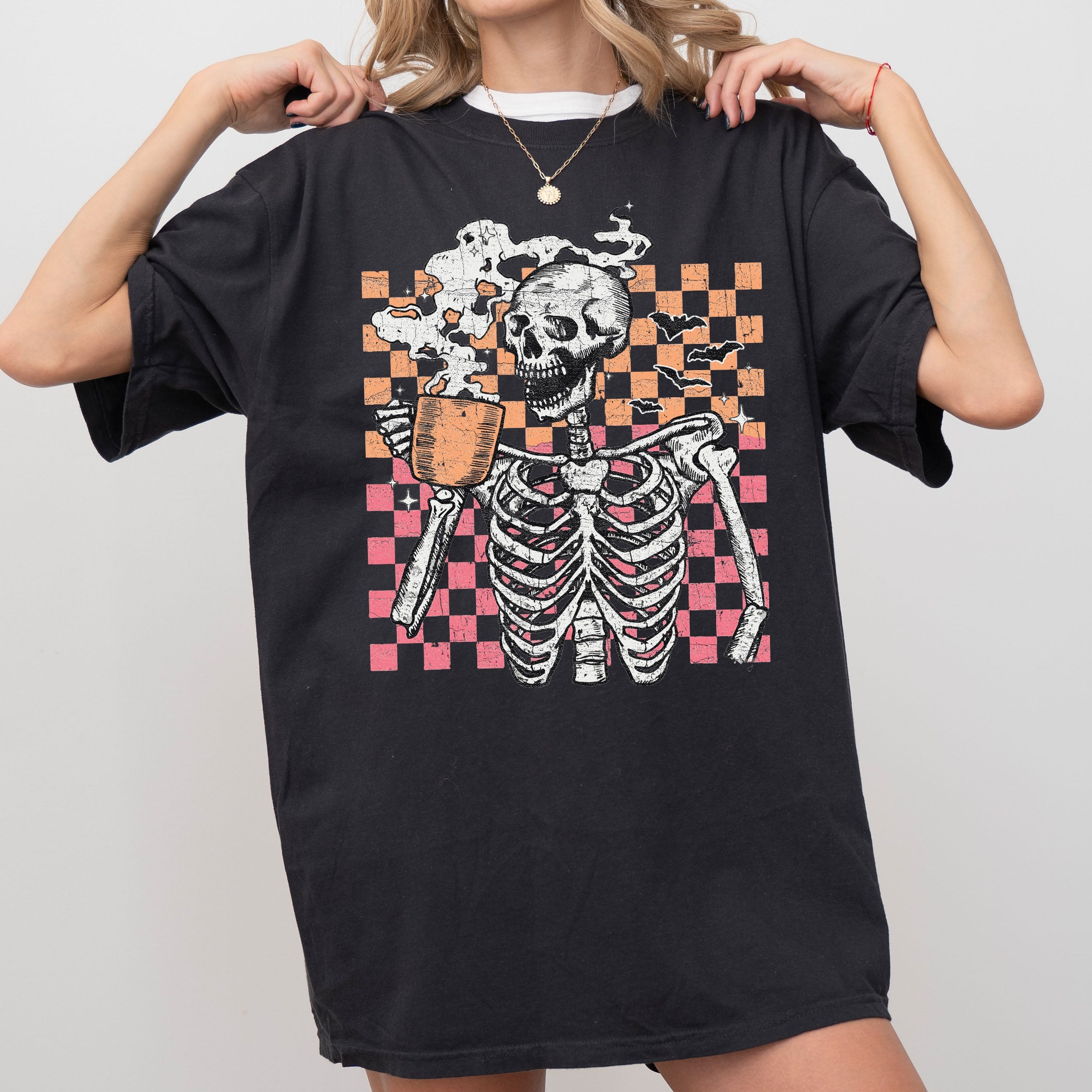 Coffee Lover Skeleton Checkered Mom Retro Aesthetic Vintage Inspired Comfort Colors Tee