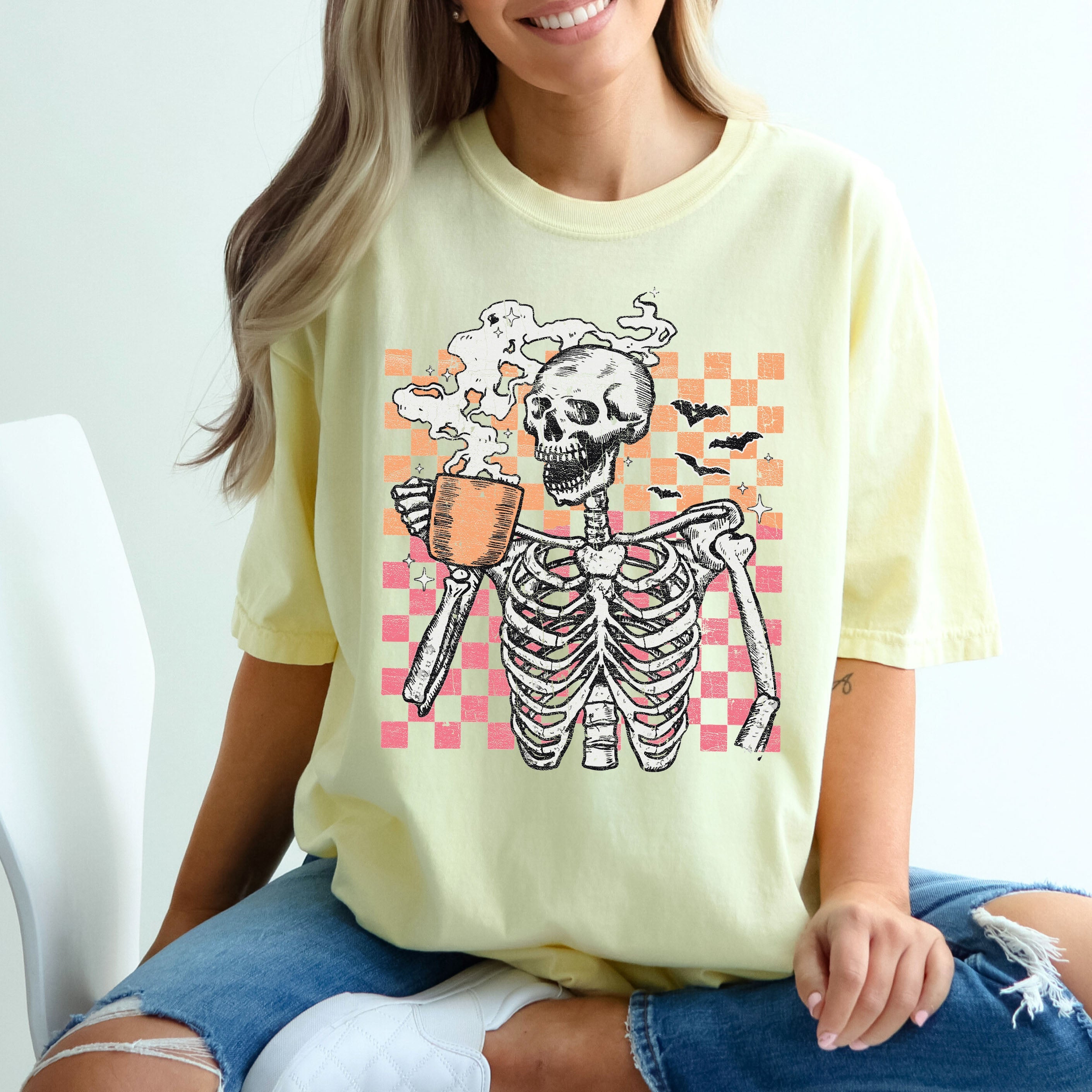 Coffee Lover Skeleton Checkered Mom Retro Aesthetic Vintage Inspired Comfort Colors Tee
