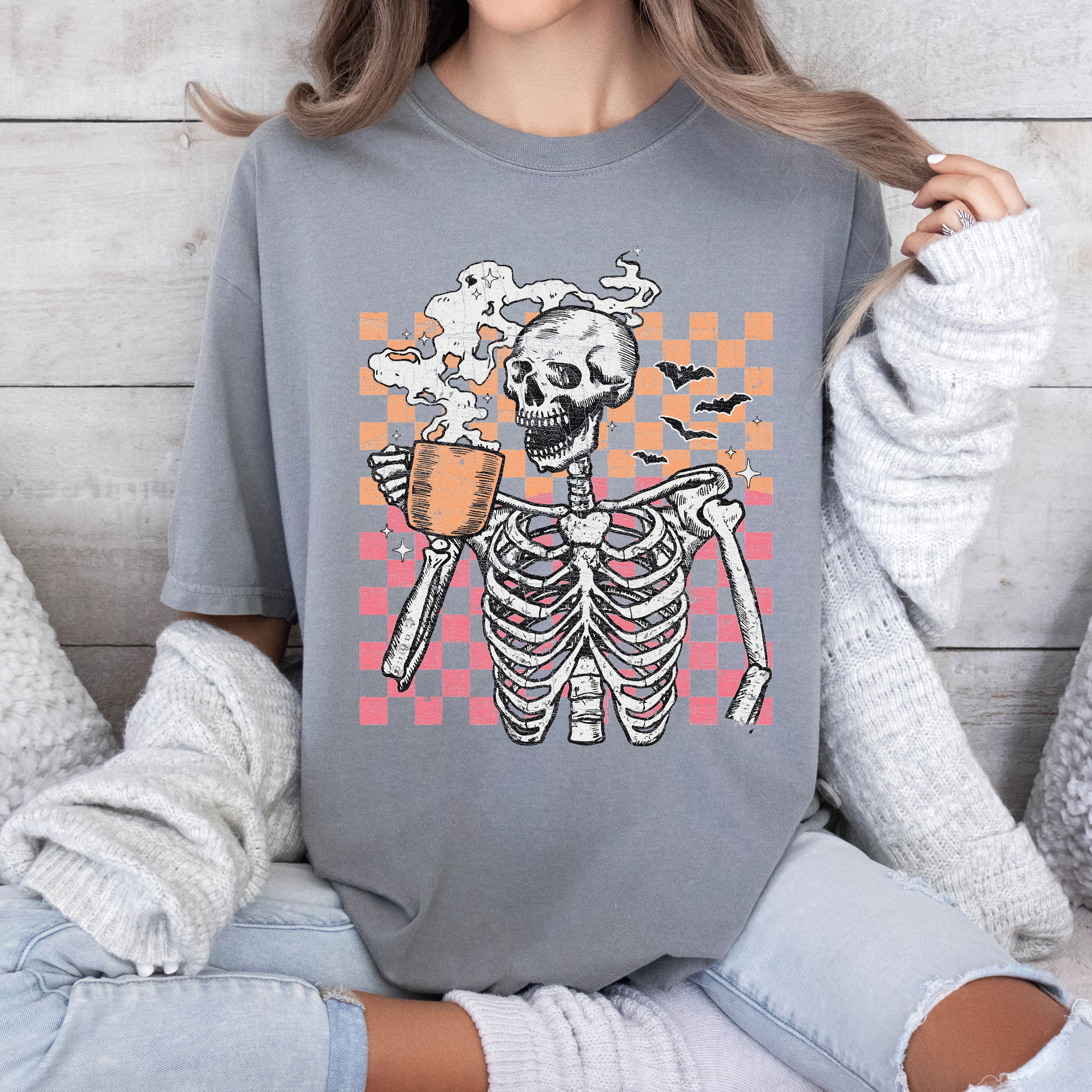 Coffee Lover Skeleton Checkered Mom Retro Aesthetic Vintage Inspired Comfort Colors Tee