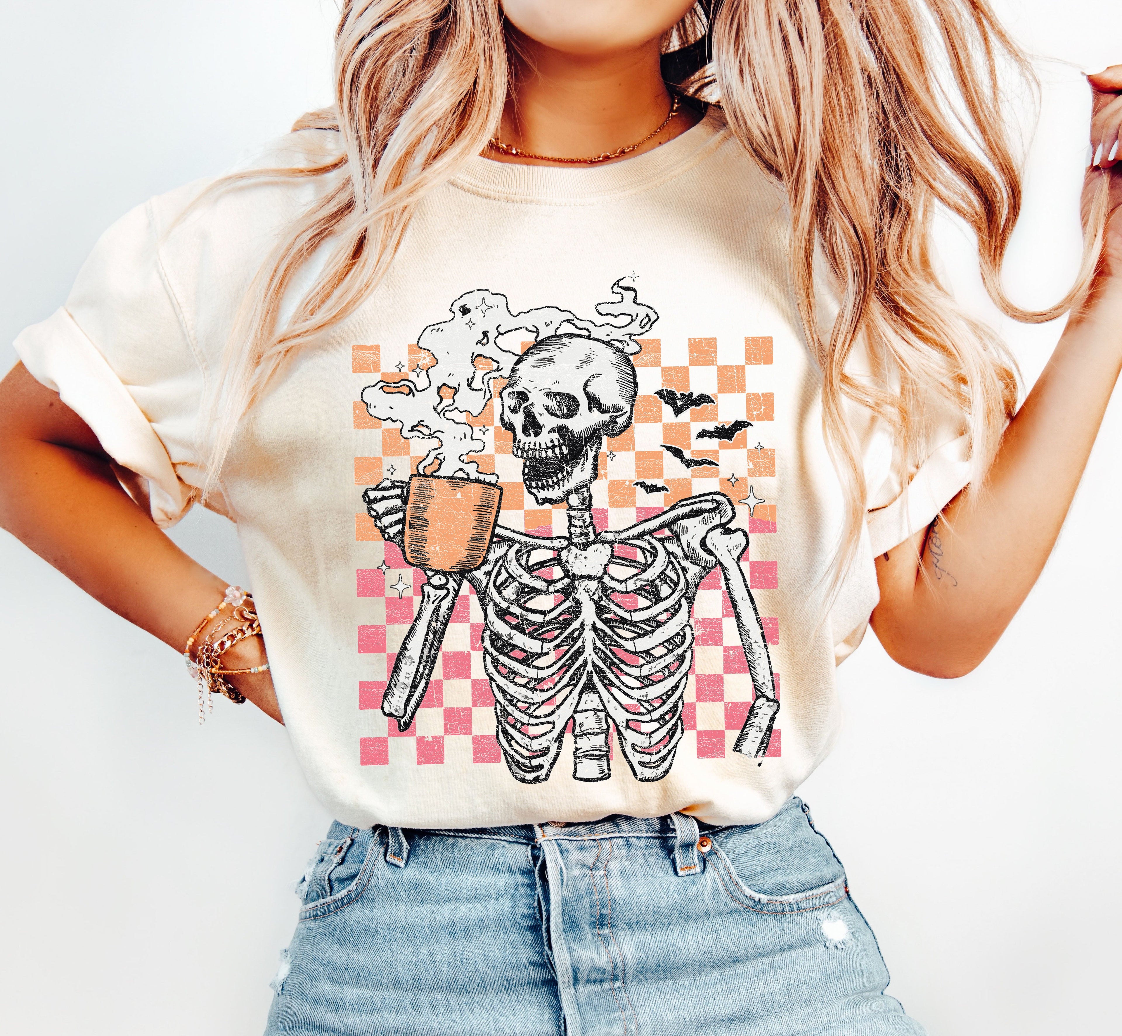 Coffee Lover Skeleton Checkered Mom Retro Aesthetic Vintage Inspired Comfort Colors Tee
