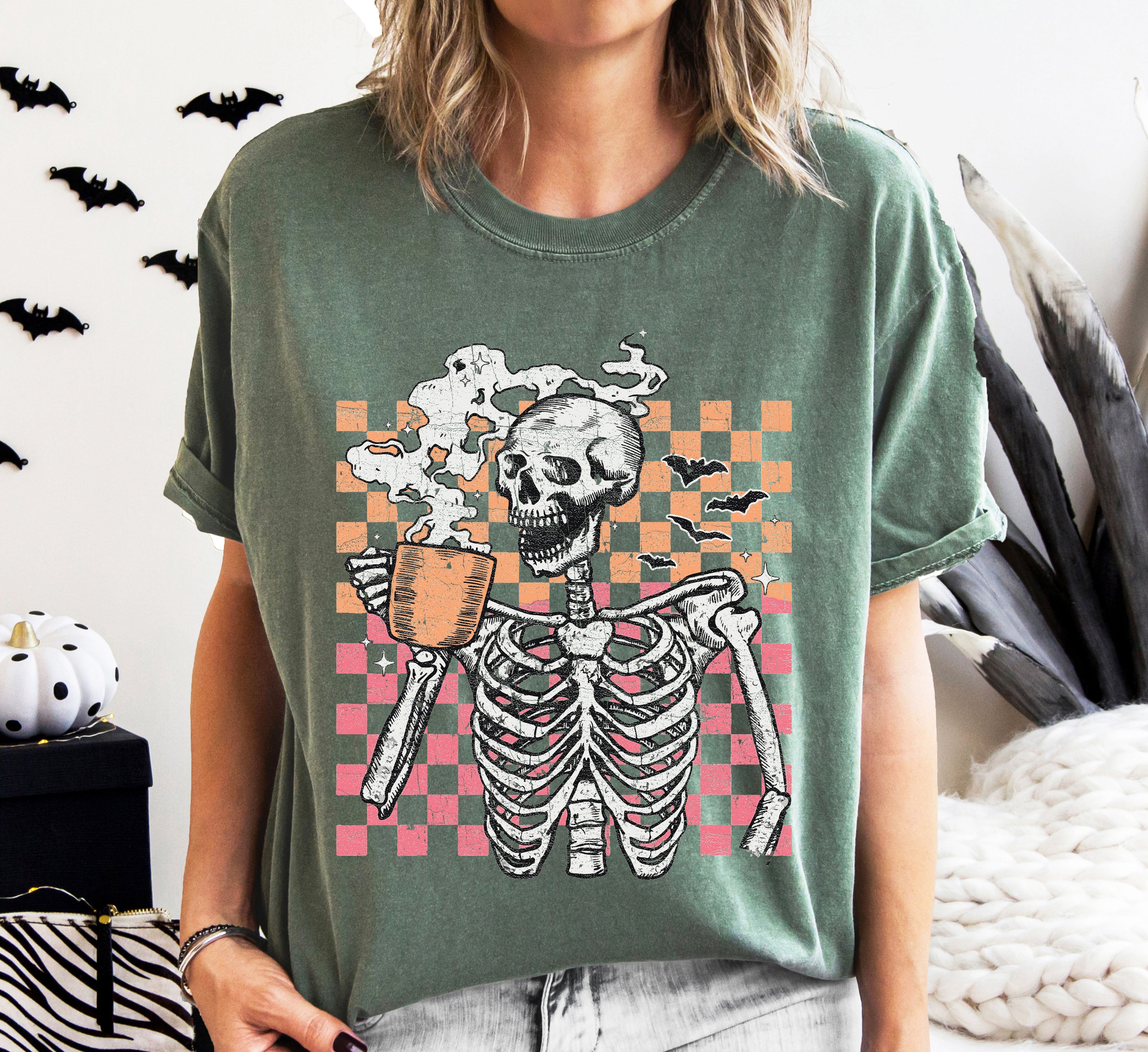 Coffee Lover Skeleton Checkered Mom Retro Aesthetic Vintage Inspired Comfort Colors Tee