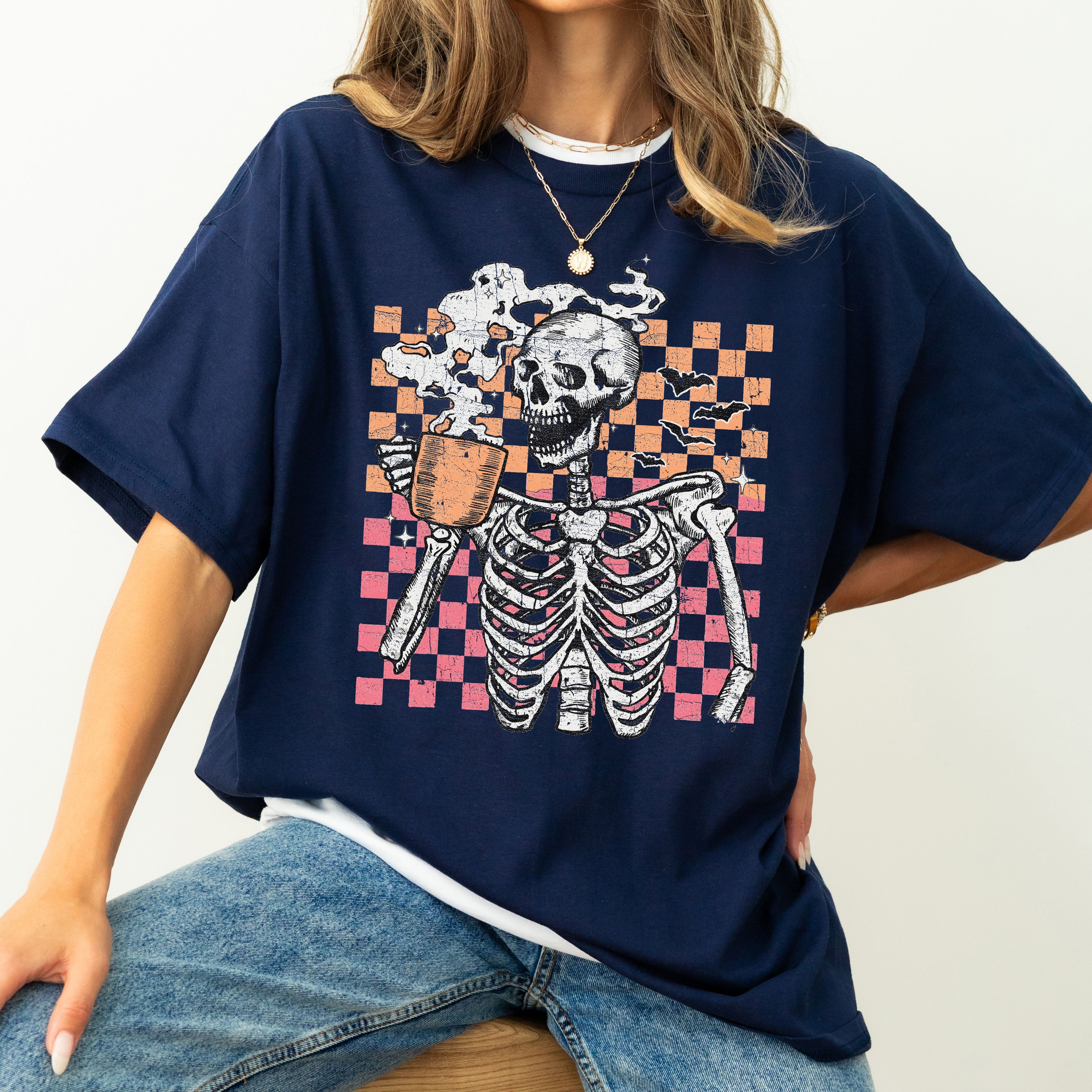 Coffee Lover Skeleton Checkered Mom Retro Aesthetic Vintage Inspired Comfort Colors Tee