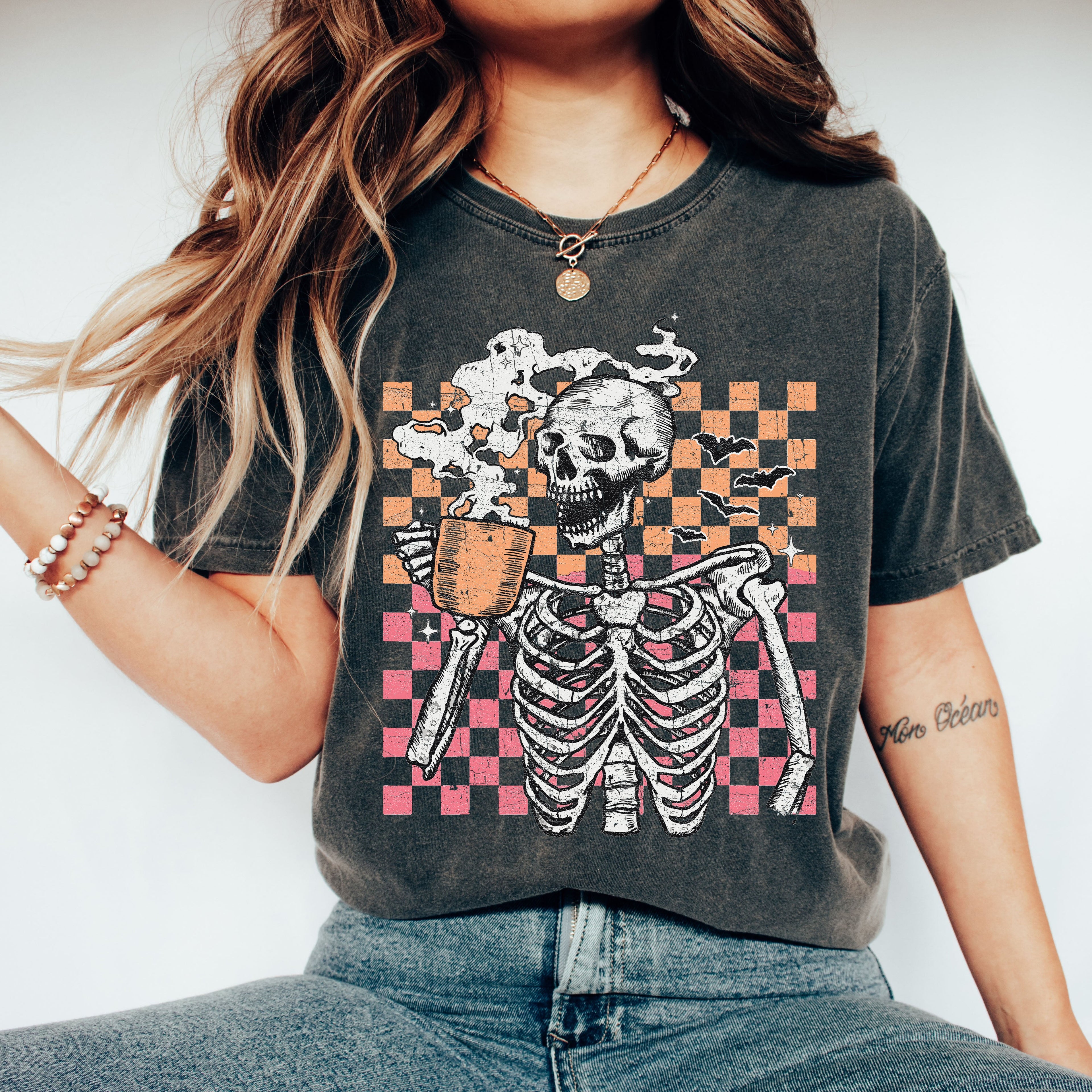 Coffee Lover Skeleton Checkered Mom Retro Aesthetic Vintage Inspired Comfort Colors Tee