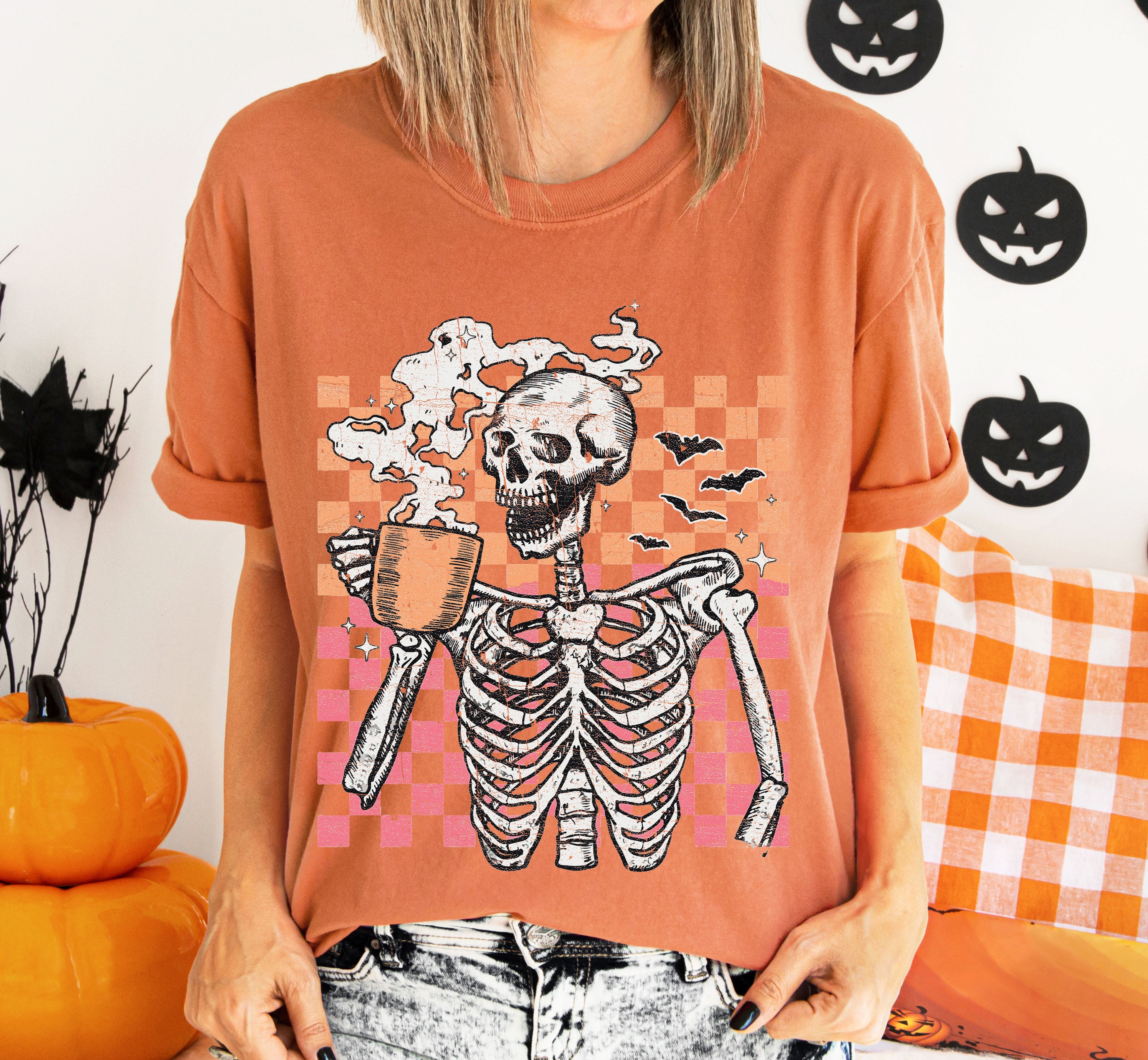 Coffee Lover Skeleton Checkered Mom Retro Aesthetic Vintage Inspired Comfort Colors Tee