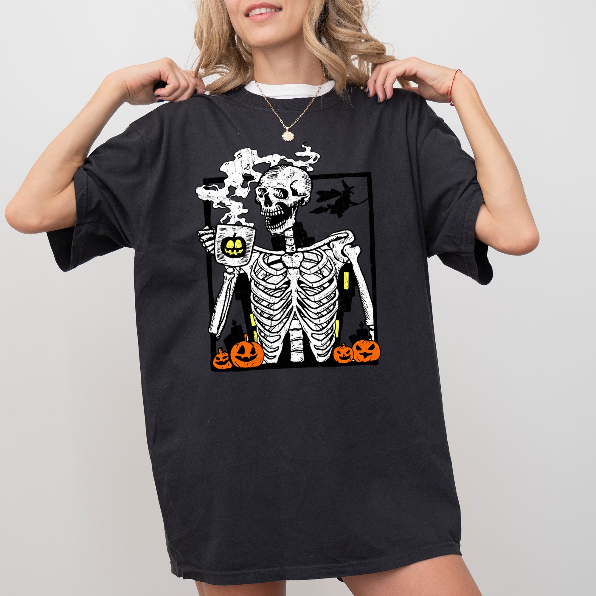 Coffee Lover Skeleton Witch Meme Halloween Spooky Aesthetic Vintage Comfort Colors Tee