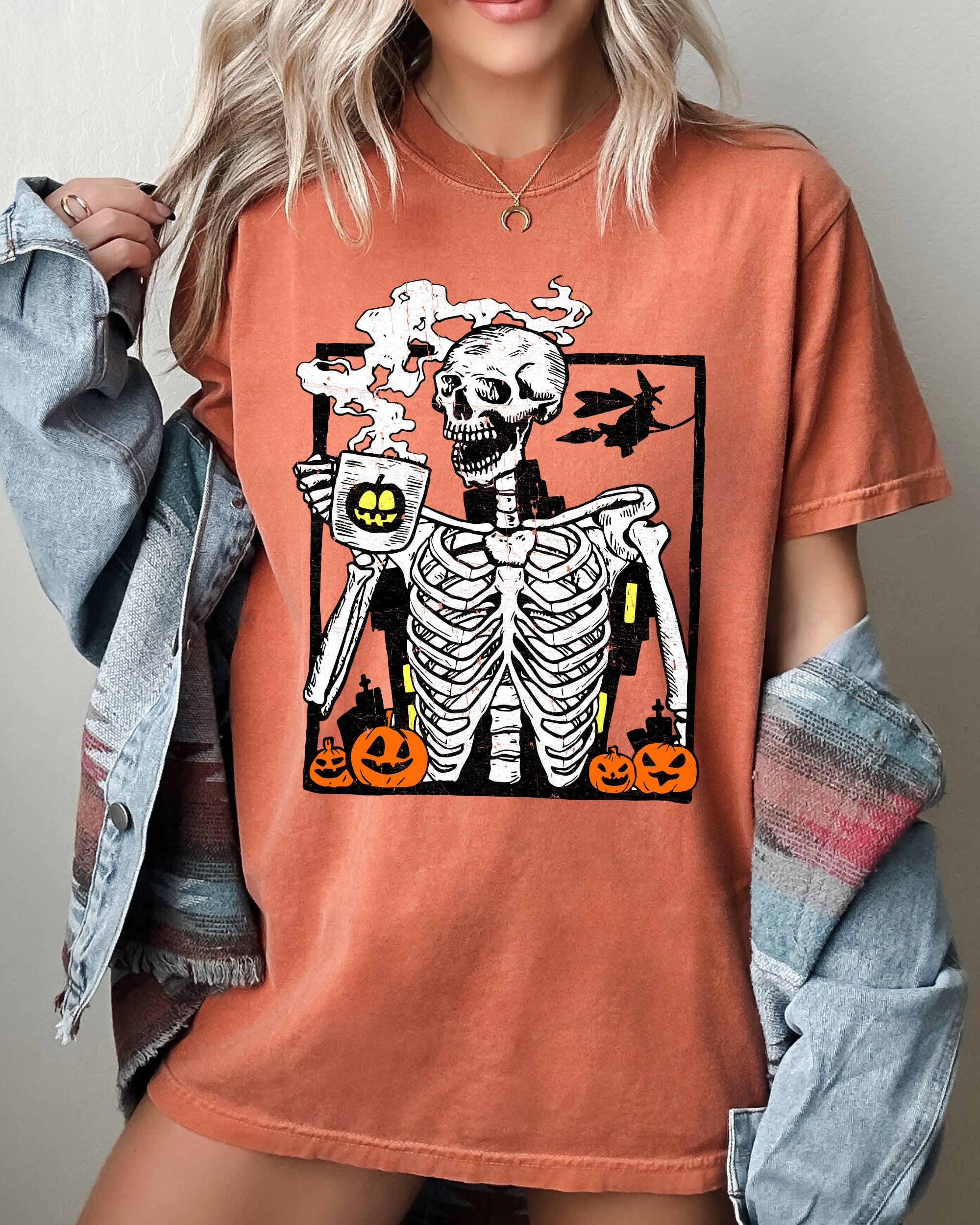 Coffee Lover Skeleton Witch Meme Halloween Spooky Aesthetic Vintage Comfort Colors Tee