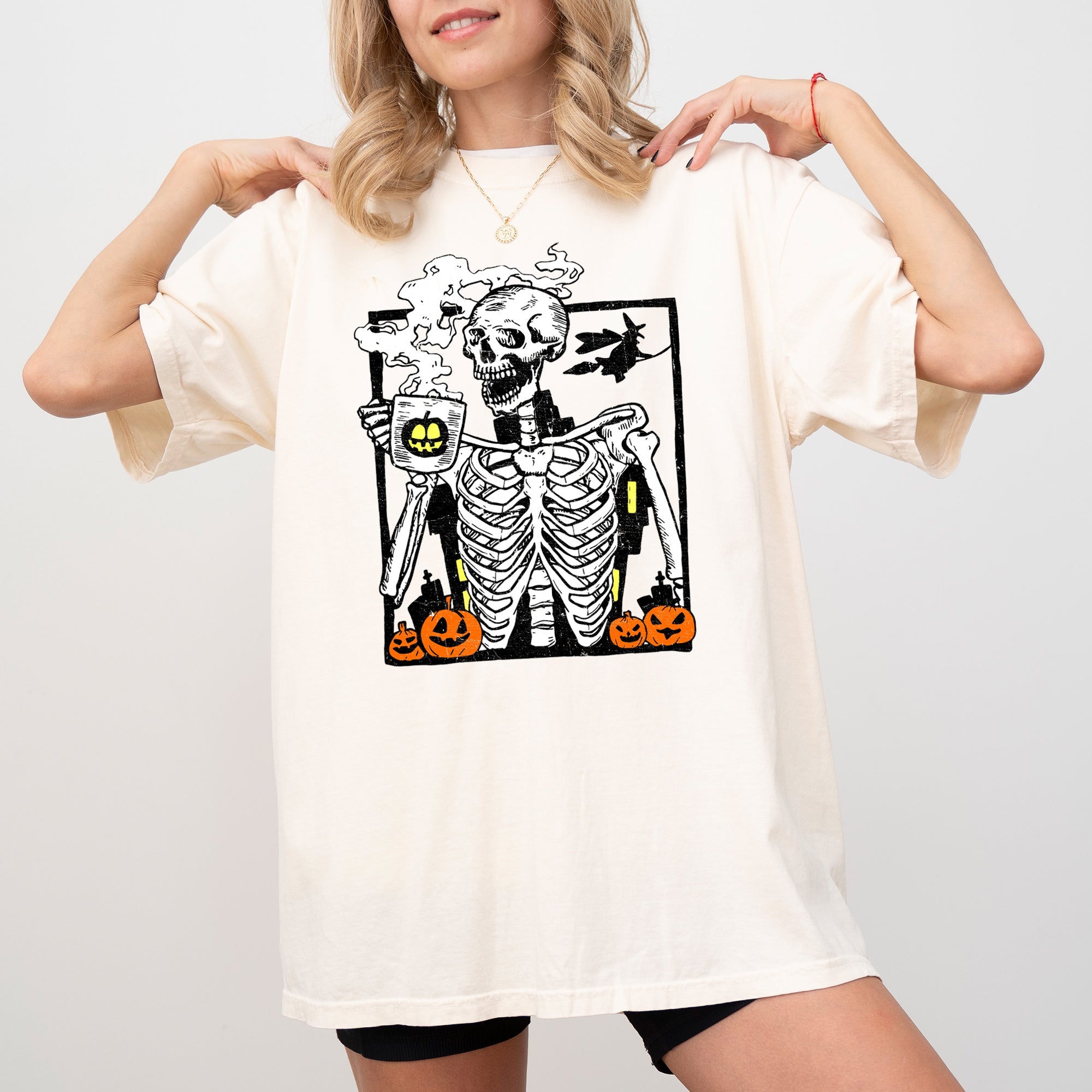 Coffee Lover Skeleton Witch Meme Halloween Spooky Aesthetic Vintage Comfort Colors Tee