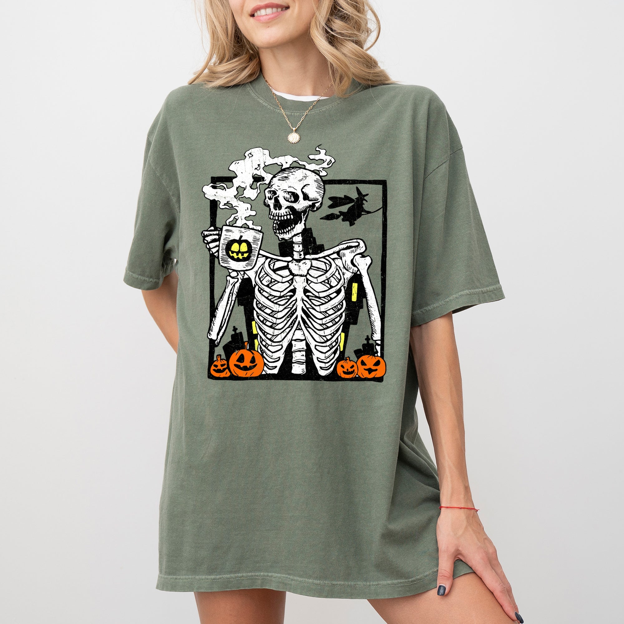 Coffee Lover Skeleton Witch Meme Halloween Spooky Aesthetic Vintage Comfort Colors Tee