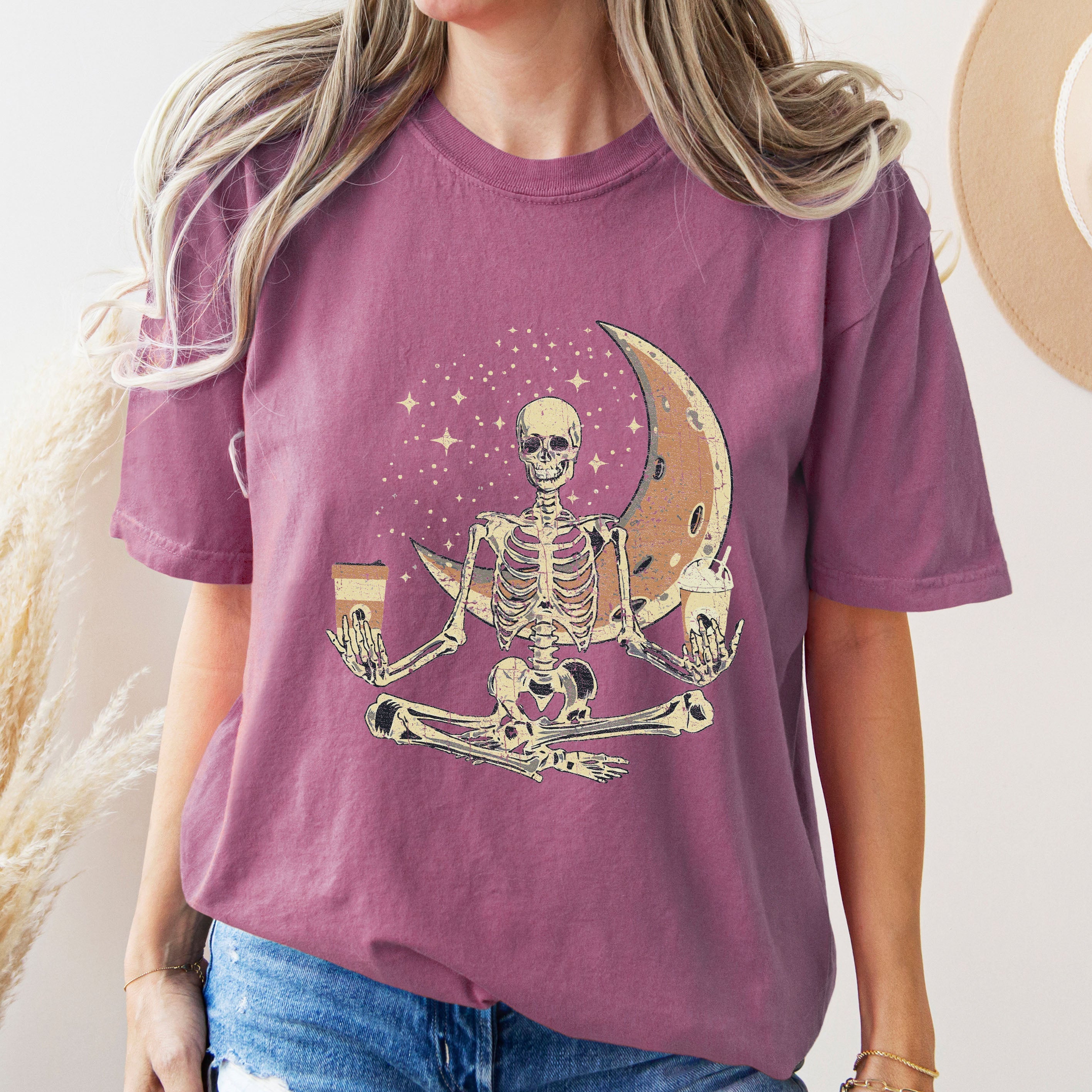 Skeleton Yoga Coffee Moon Retro Aesthetic Vintage Art Print Collection Comfort Colors Tee