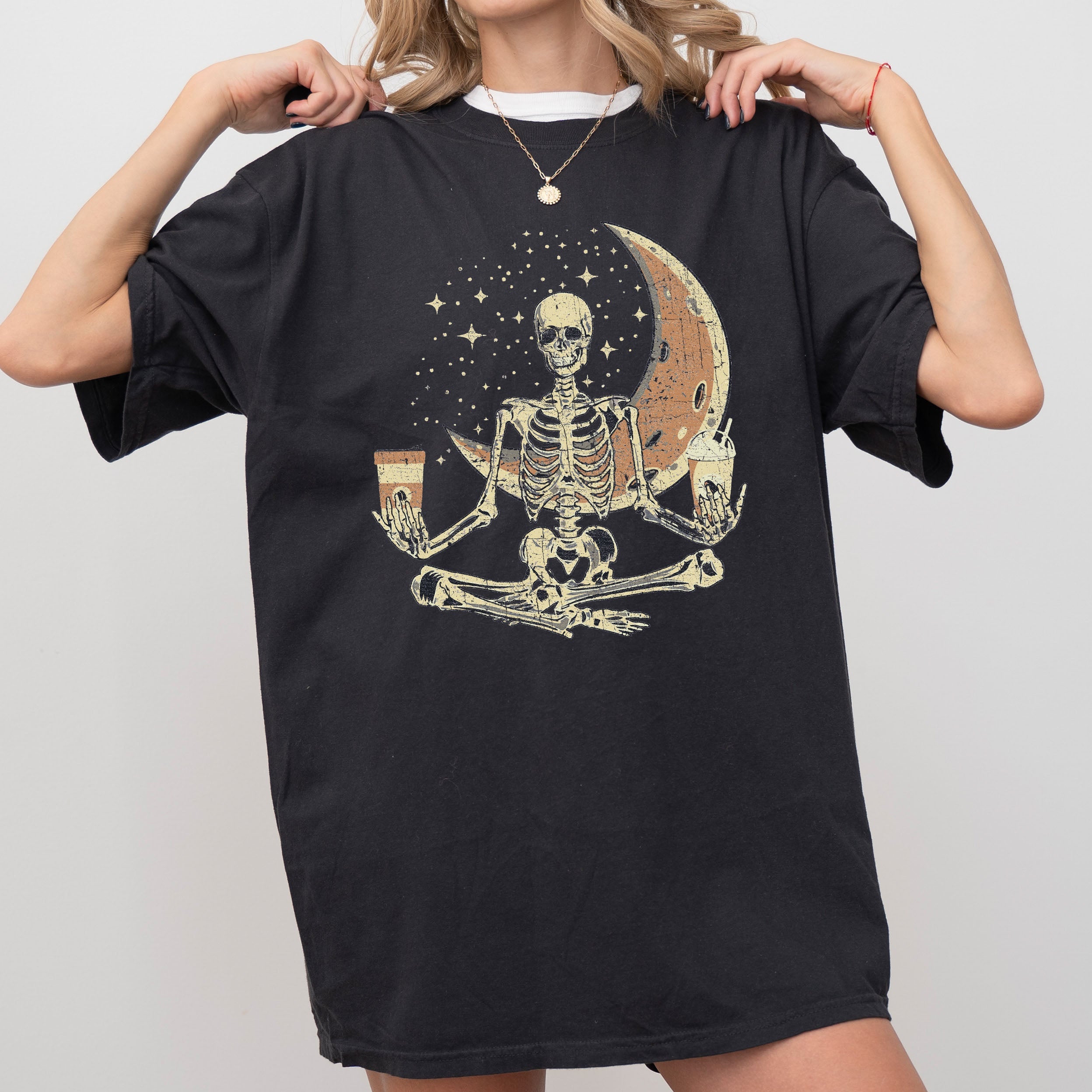 Skeleton Yoga Coffee Moon Retro Aesthetic Vintage Art Print Collection Comfort Colors Tee