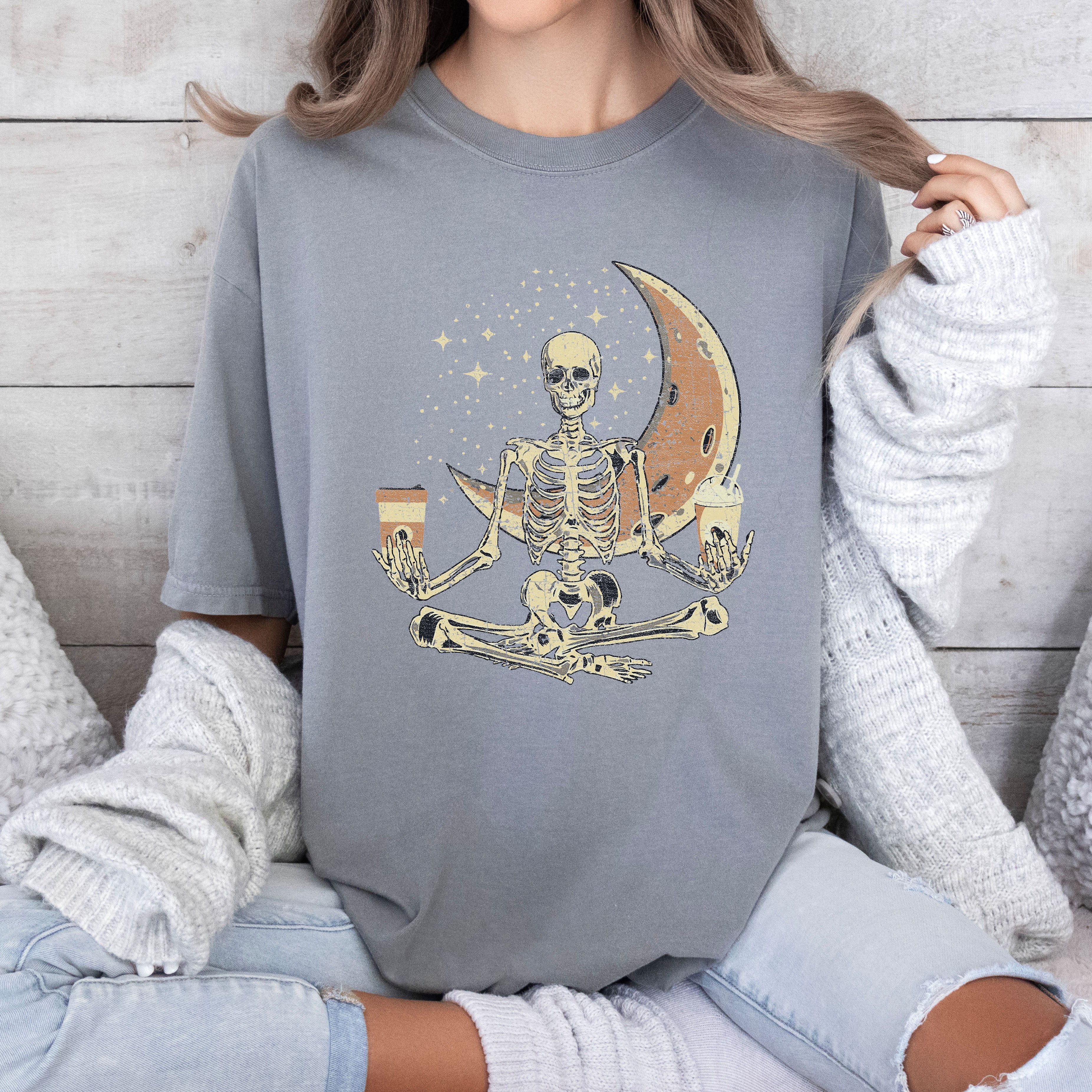 Skeleton Yoga Coffee Moon Retro Aesthetic Vintage Art Print Collection Comfort Colors Tee