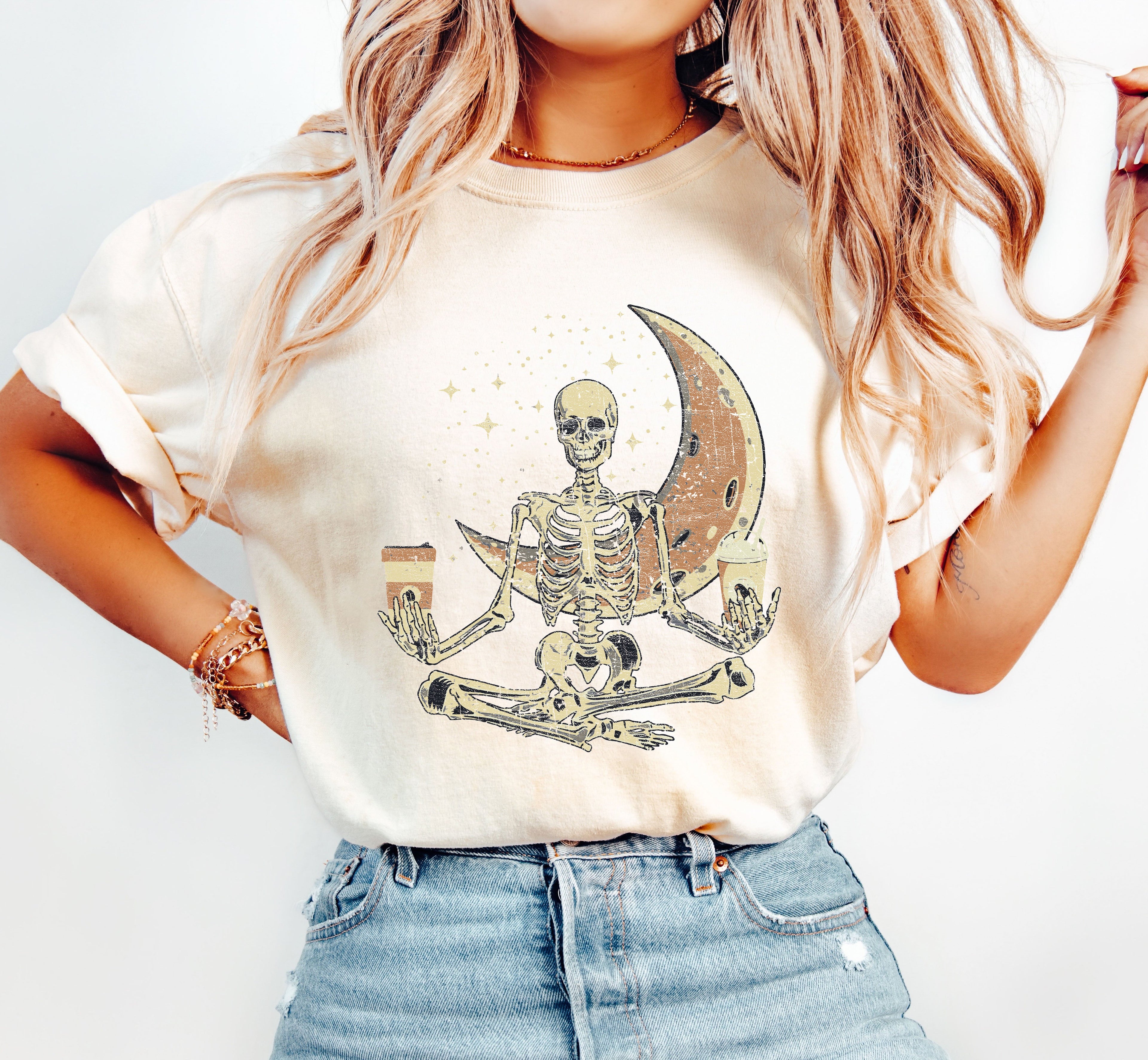 Skeleton Yoga Coffee Moon Retro Aesthetic Vintage Art Print Collection Comfort Colors Tee