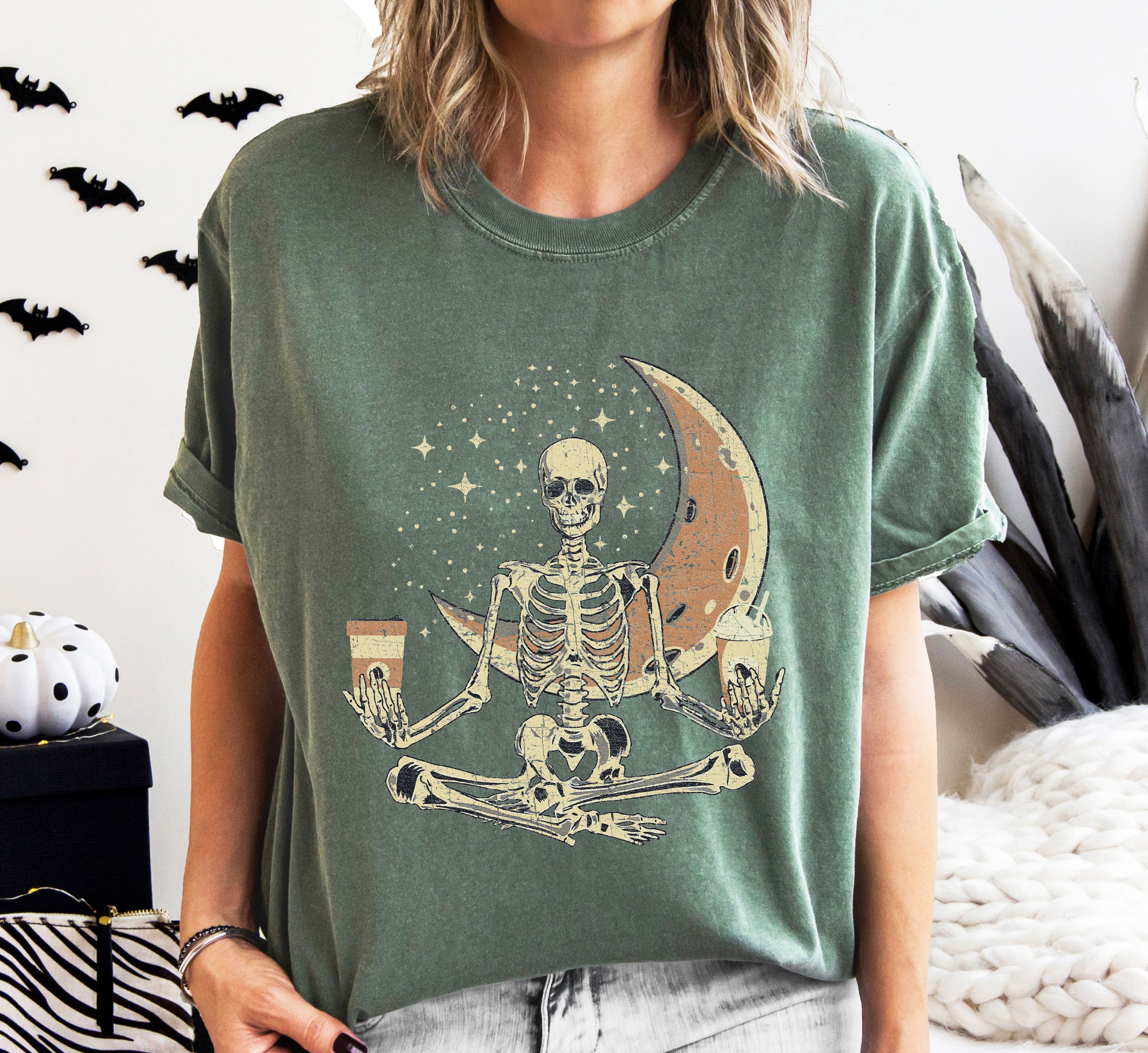 Skeleton Yoga Coffee Moon Retro Aesthetic Vintage Art Print Collection Comfort Colors Tee