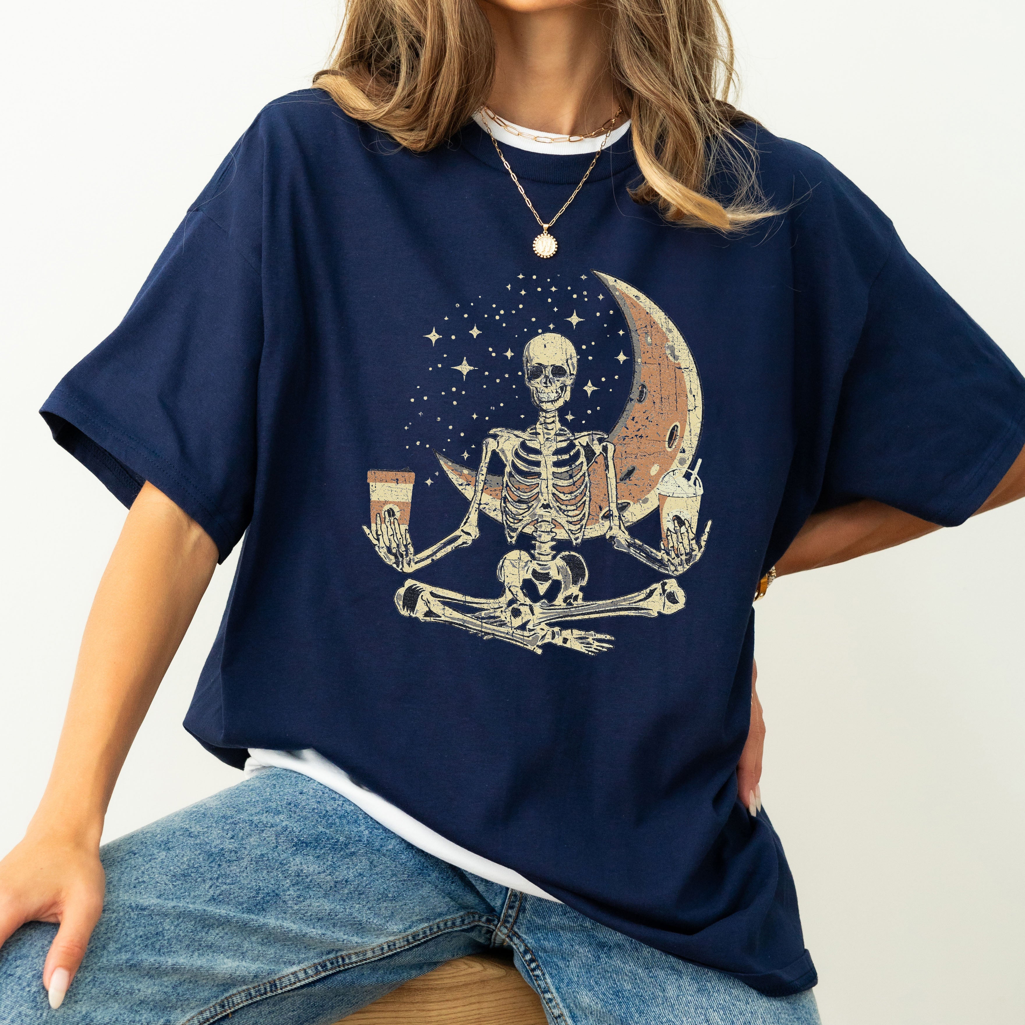 Skeleton Yoga Coffee Moon Retro Aesthetic Vintage Art Print Collection Comfort Colors Tee