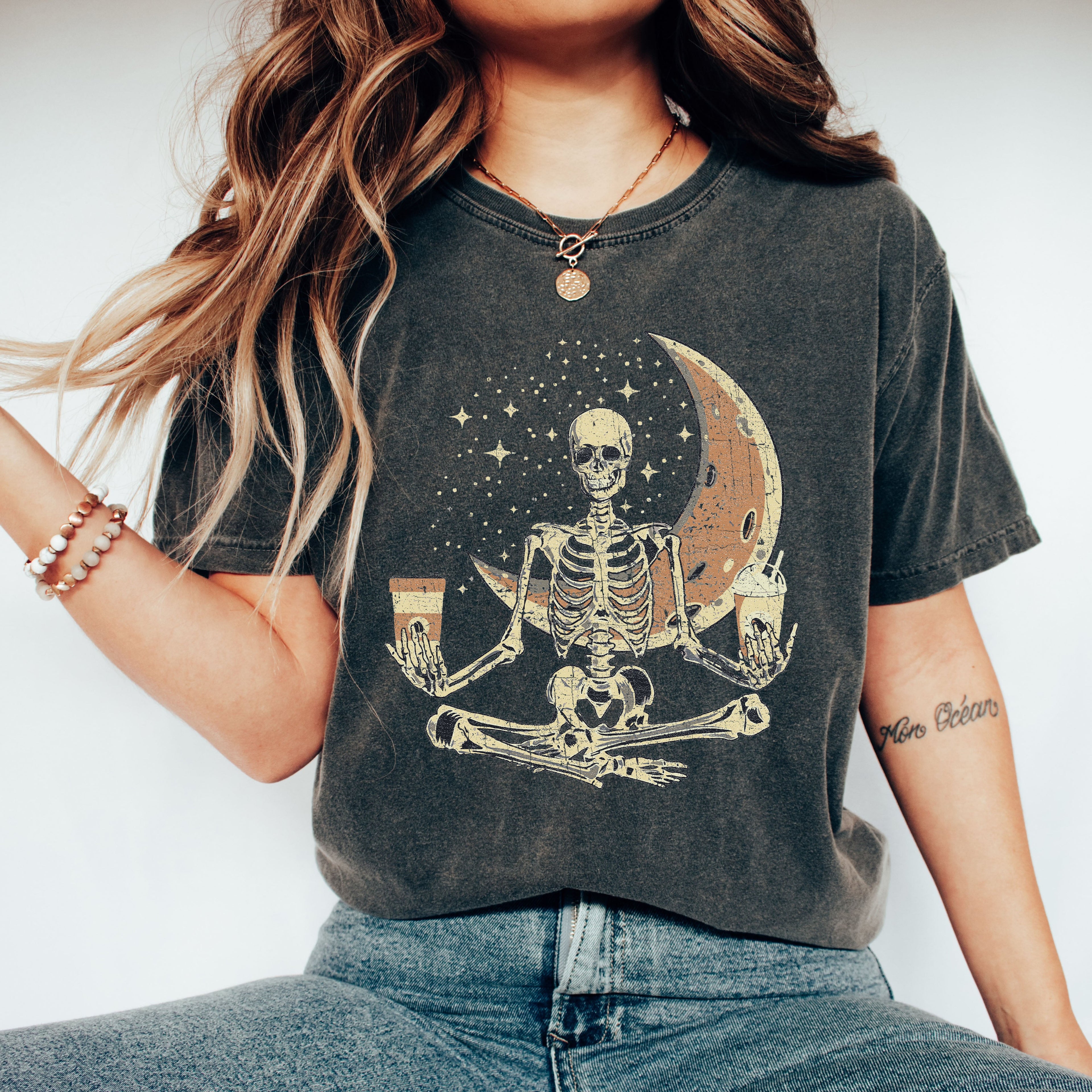 Skeleton Yoga Coffee Moon Retro Aesthetic Vintage Art Print Collection Comfort Colors Tee